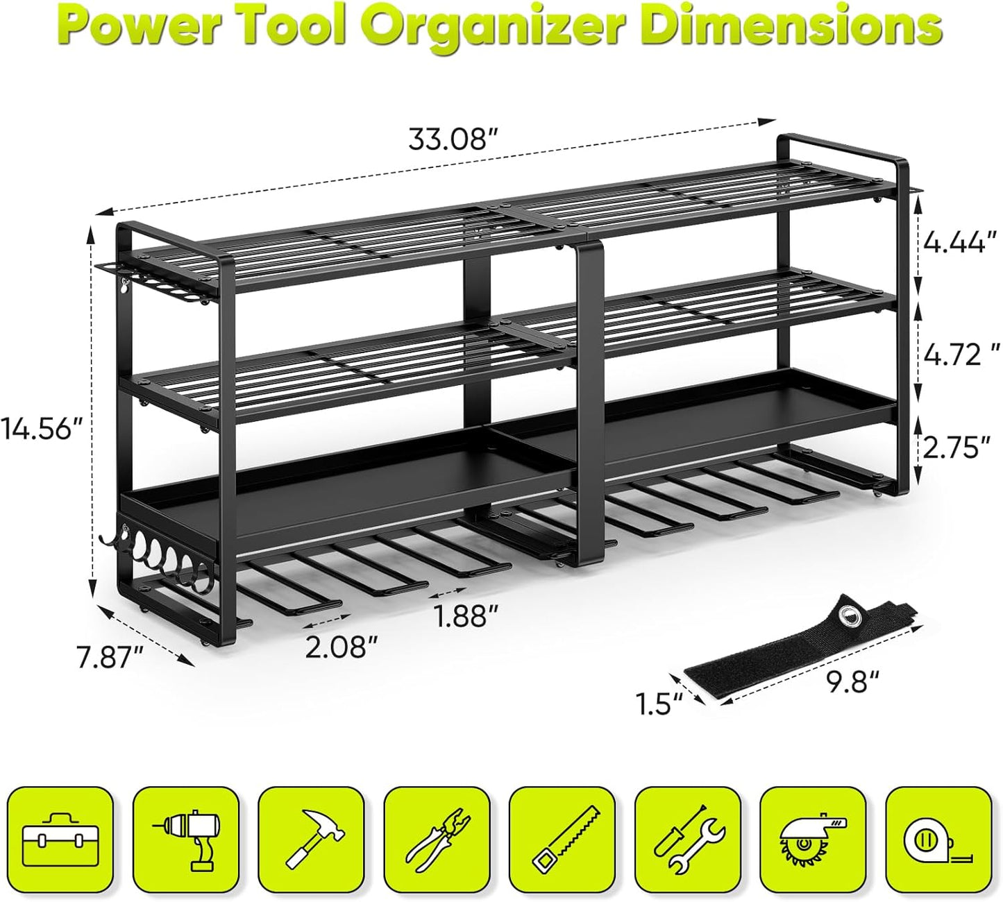 33" W Large Power Tool Organizer Wall Mount Loads 400 lbs, Heavy Duty 8 Drills Holder, 4-Tier Cordless Tool Battery Storage Shelf, Utility Racks for Garage Workshop Shed, Gifts for Men Husband