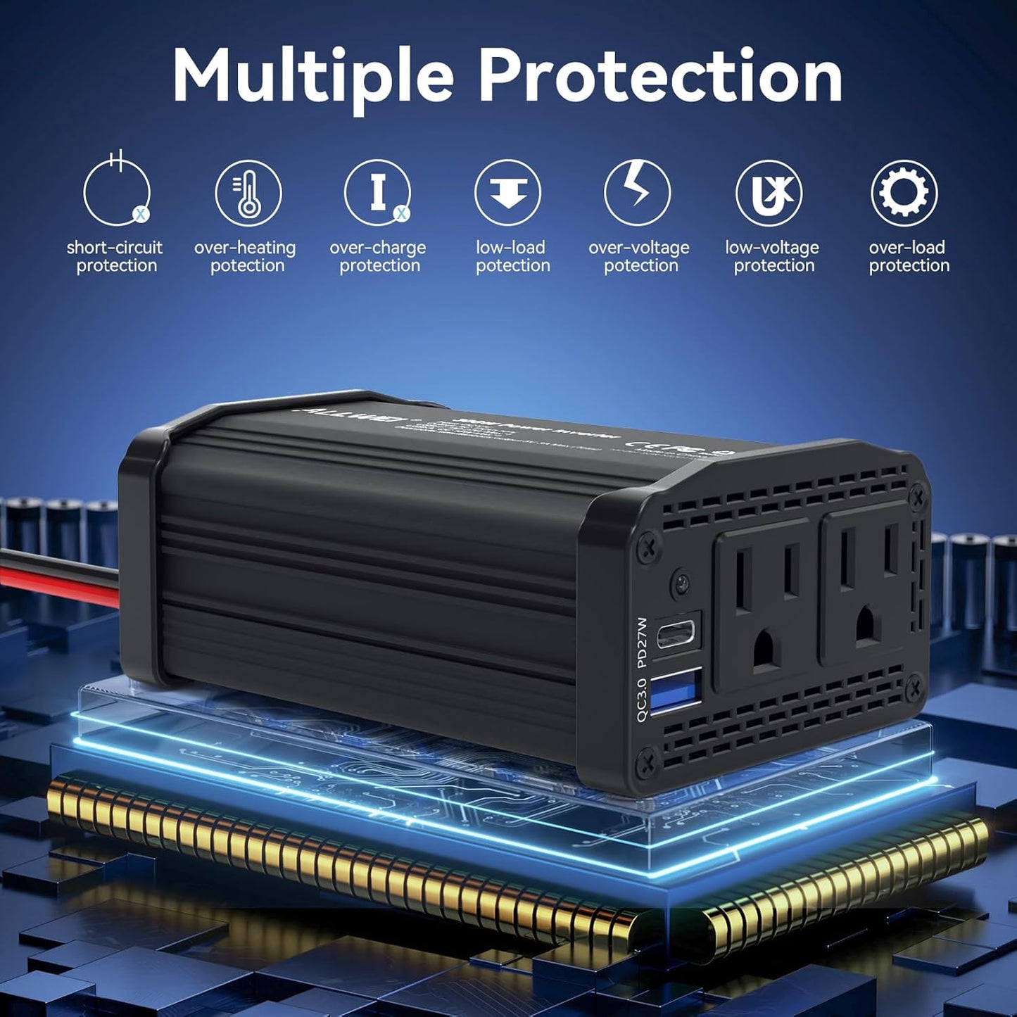 300W Car Power Inverter 12v to 110v, Car Plug in Adapter Outlet with PD 27w USB-C and Fast Charger 18w USB-A, Car Outlet Adapter, Car Converter to Outlet Plug, Power Inverters for Vehicles (Black)