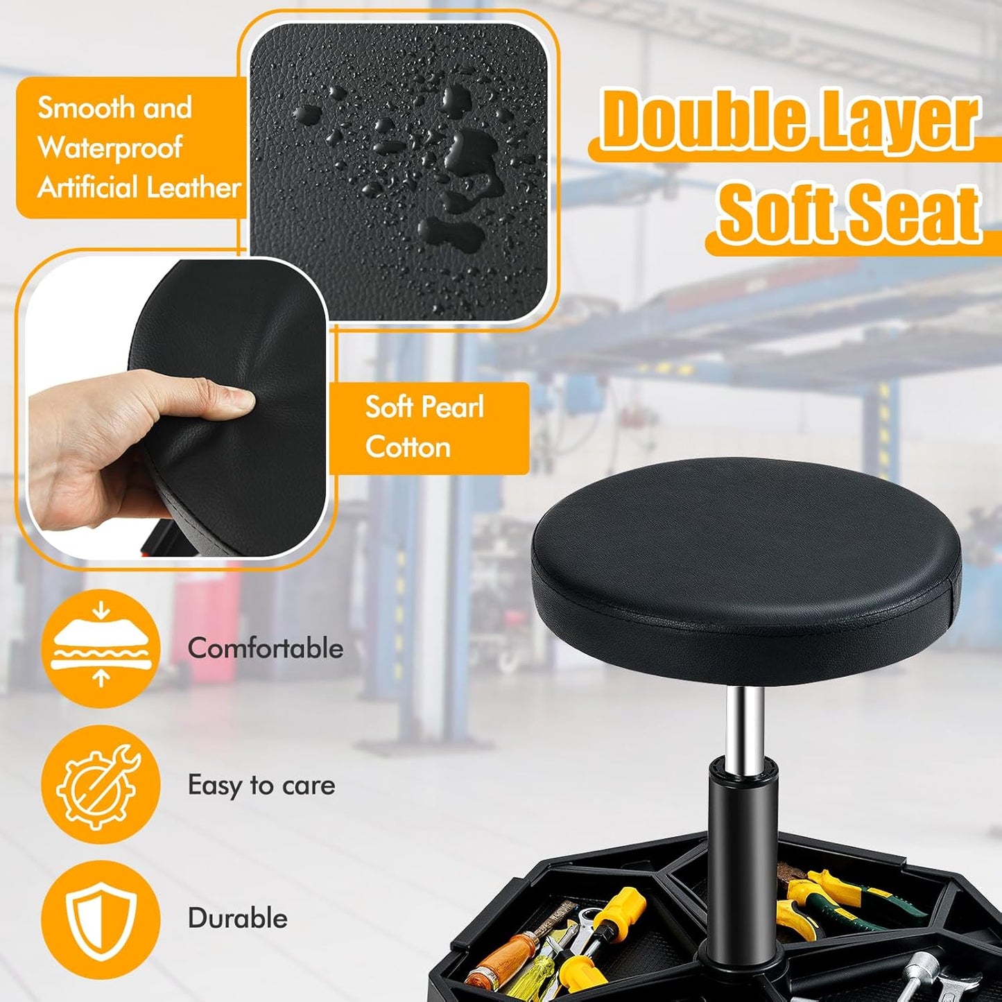 Adjustable Mechanic Rolling Stool, Pneumatic Rolling Stool with Wheels, Tool Storage Tray & Padded Seat Cushion, Garage Stool Chairs Creeper Seat (Black)