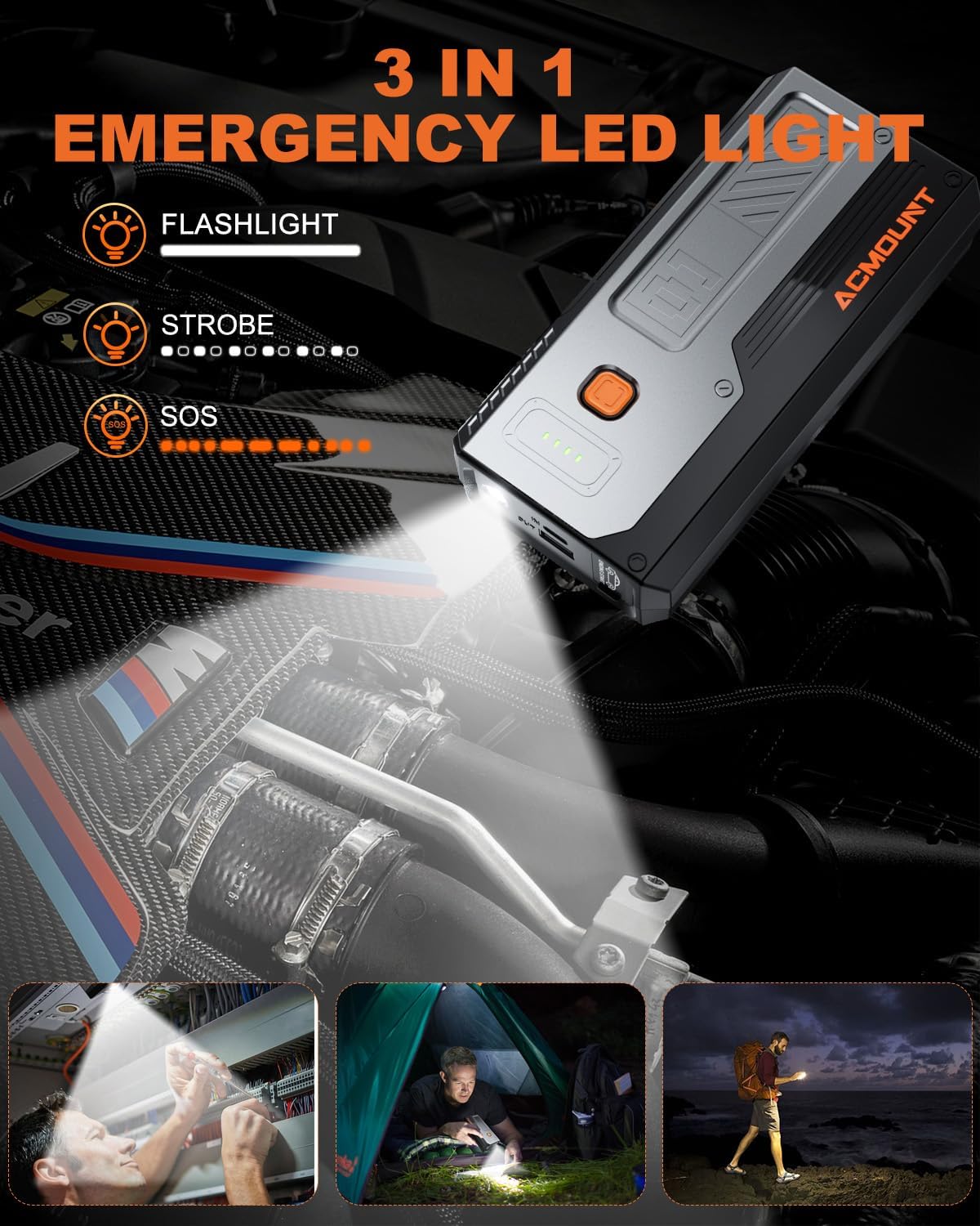 Car Jump Starter 4000A,Portable Car Battery Jump Starter for Up to 8L Gas & 6.5L Diesel Engines, 12V Jump Starter Power Pack with 3 Modes LED Light, USB Quick Charge