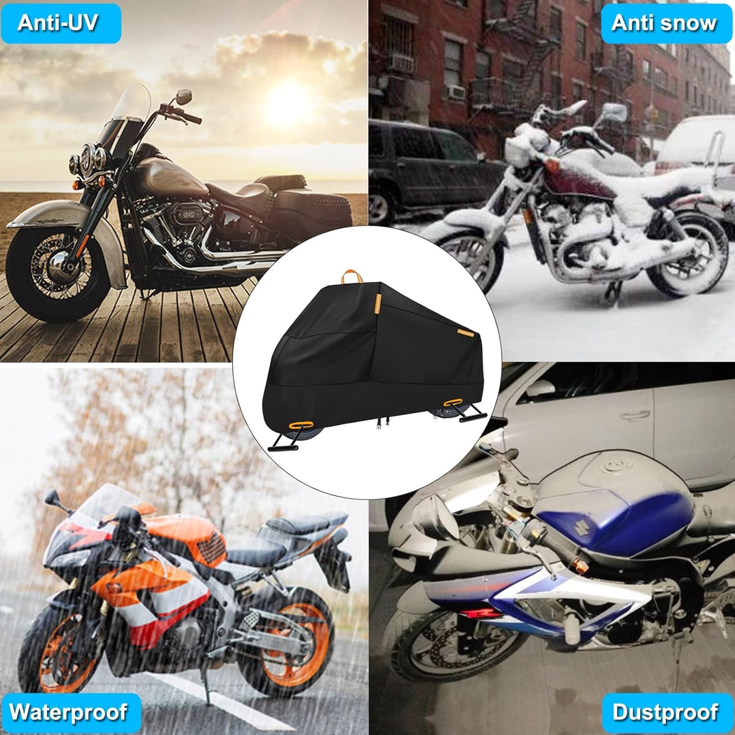 Motorcycle Cover Waterproof Outdoor, 300D Heavy Duty Motorcycle Cover for Ninja 250 300 650 1000 Yamaha YZF R1 R7 MT-09 Suzuki GSXR 600 750 1000 Scooter Cover Protection Fits up to 86" - Black