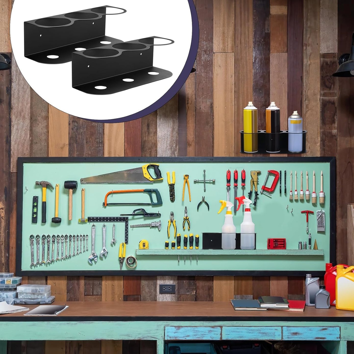 Therwen 2 Pcs 3 Holes All Purpose Steel Spray Bottle Holder Heavy Duty Can Holder Rack Organizer Easy Install Wall Mount Paint Spray Bottle Organizer Storage Rack for Garage Home Workspace(Black)