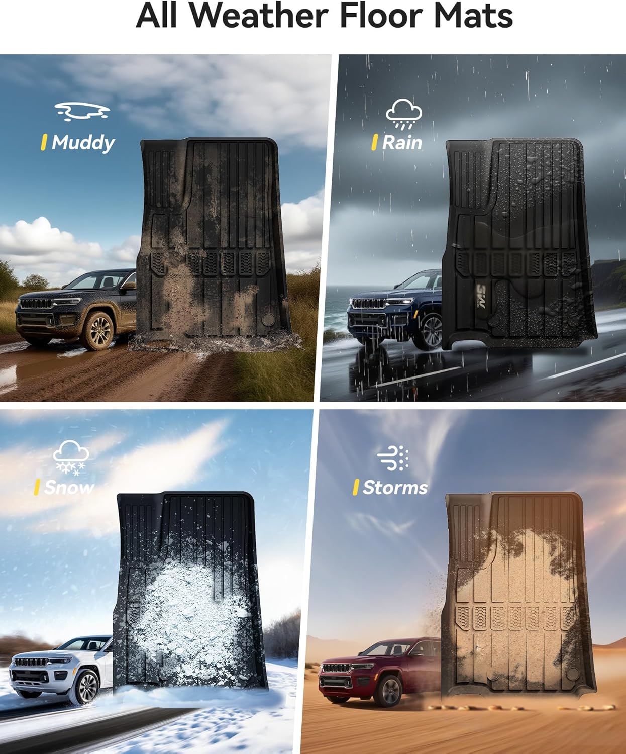 3W Floor Mats Fit for Jeep Grand Cherokee L 7 Seat 2021-2025 All Weather TPE Custom Fit Floor Liner for 1-3 Rows Full Set Car Mats Black(NOT Fit for 6-Passenger)