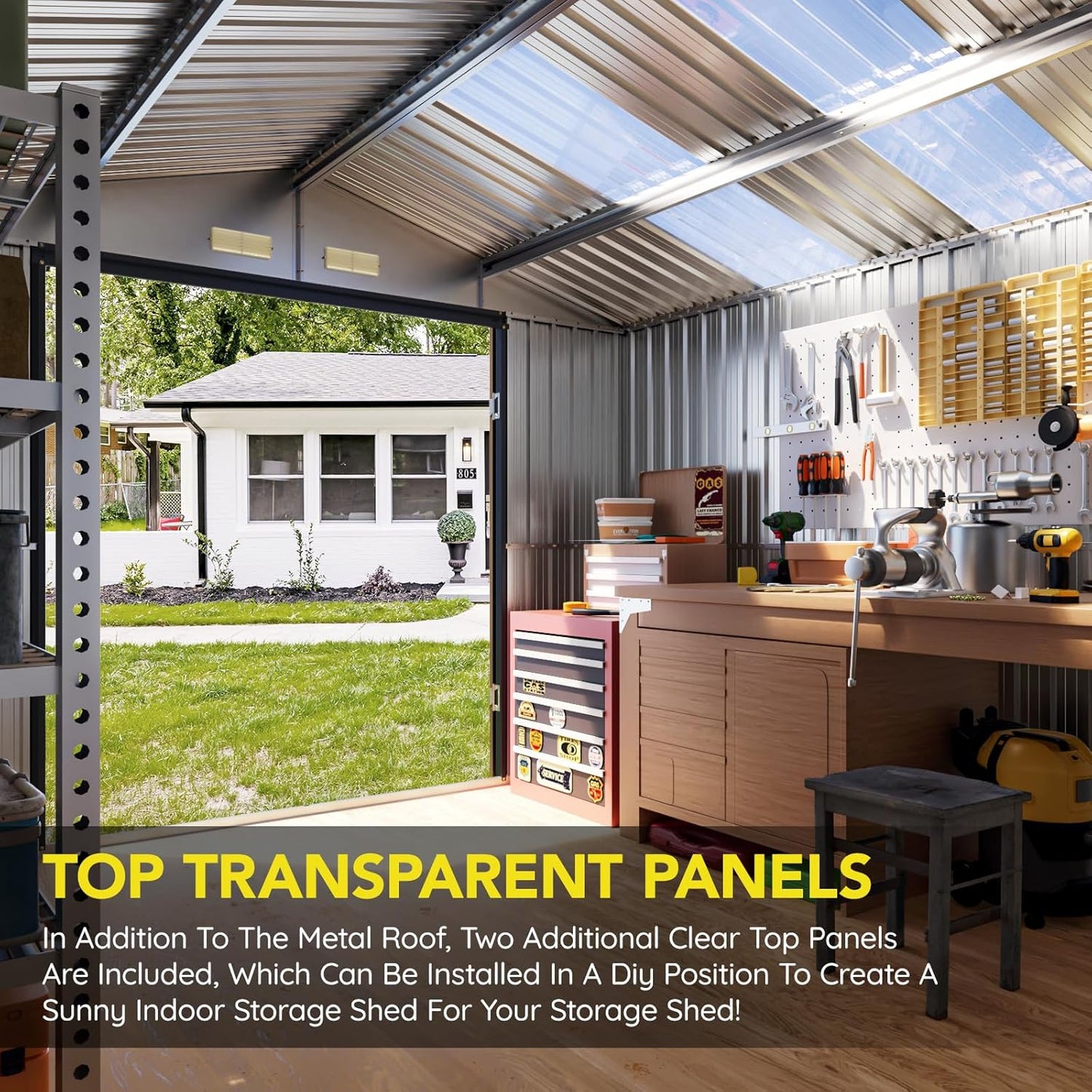 10x12 FT Outdoor Metal Storage Shed with Floor Frame, Double Swing Doors, 2 Clear Windows, Replaceable Skylight Roof Panel, Tool Shed for Garden, Patio, Backyard Brown