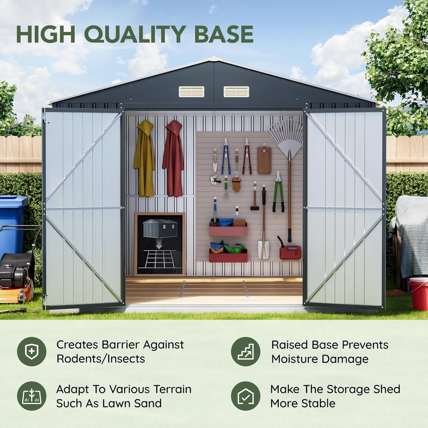 10x12 FT Outdoor Metal Storage Shed with Floor Frame, Double Swing Doors, 2 Clear Windows, Replaceable Skylight Roof Panel, Tool Shed for Garden, Patio, Backyard