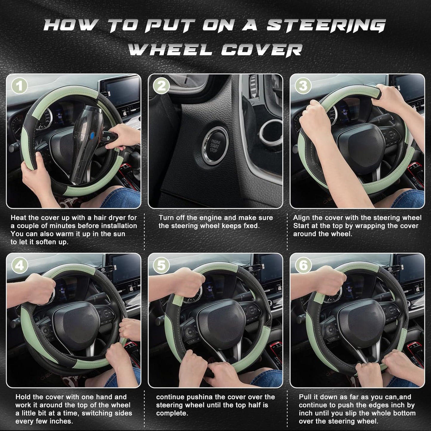 SEG Direct Steering Wheel Cover for Car, Standard Size 14.5-15 inch, Auto Interior Accessories, Black and Pastel Green