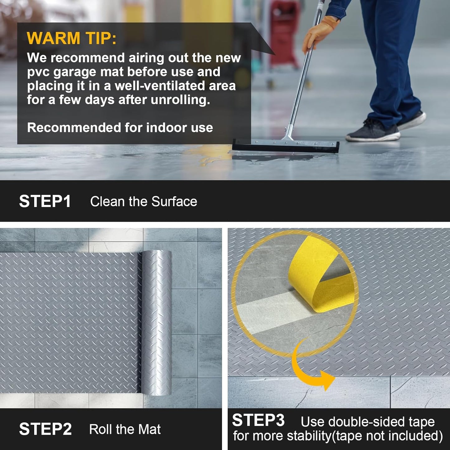 4x10FT Garage Floor Mat, 2.8mm Thickened Flooring Roll for Under Car, Golf Cart Parking Mat, Diamond Plate PVC Rubber Motorcycle Mat, Non-Slip Floor Protector for Garage Warehouse Trailer, Grey