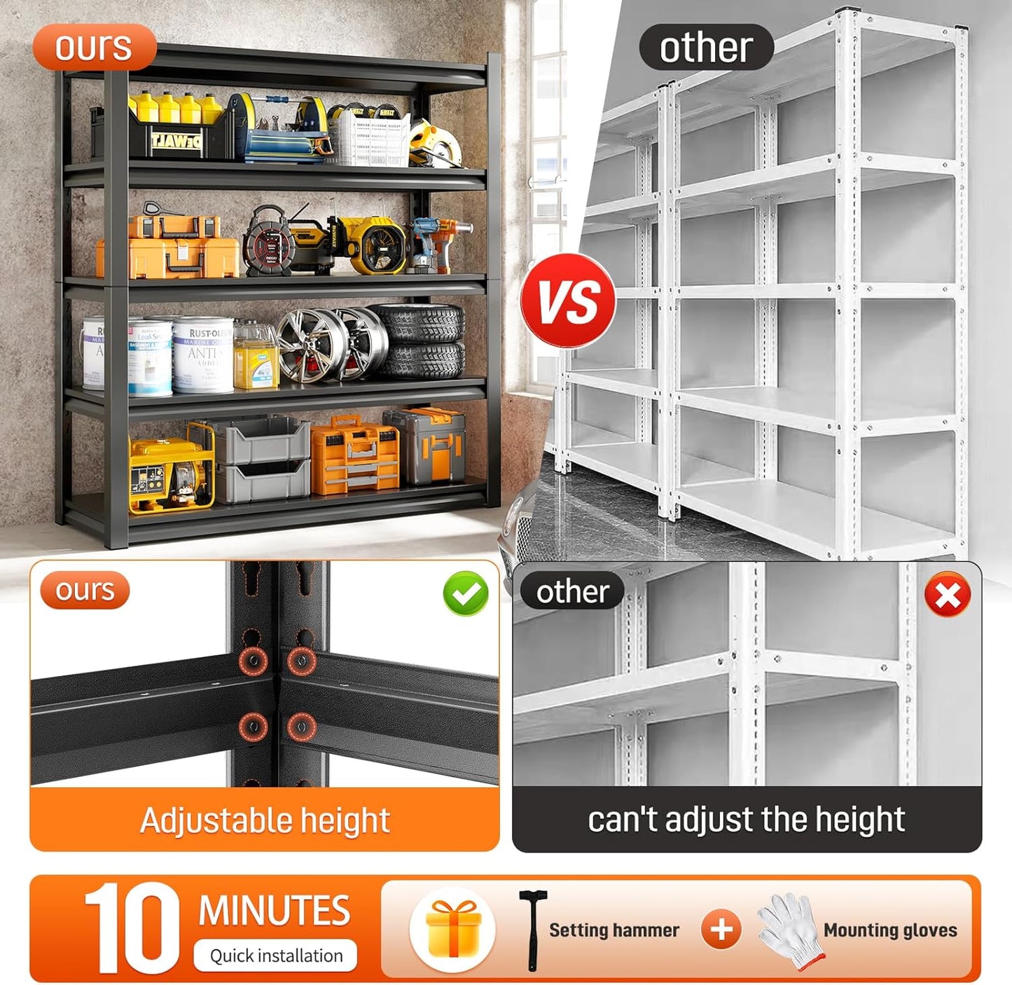 48" W Garage Shelving Unit, Garage Storage Shelves 2800LBS Heavy Duty Shelving, Adjustable 5 Tier Metal Shelves Utility Shelf, Storage Rack for Industrial, Warehouse, Basement (20" D*48" W*72" H)