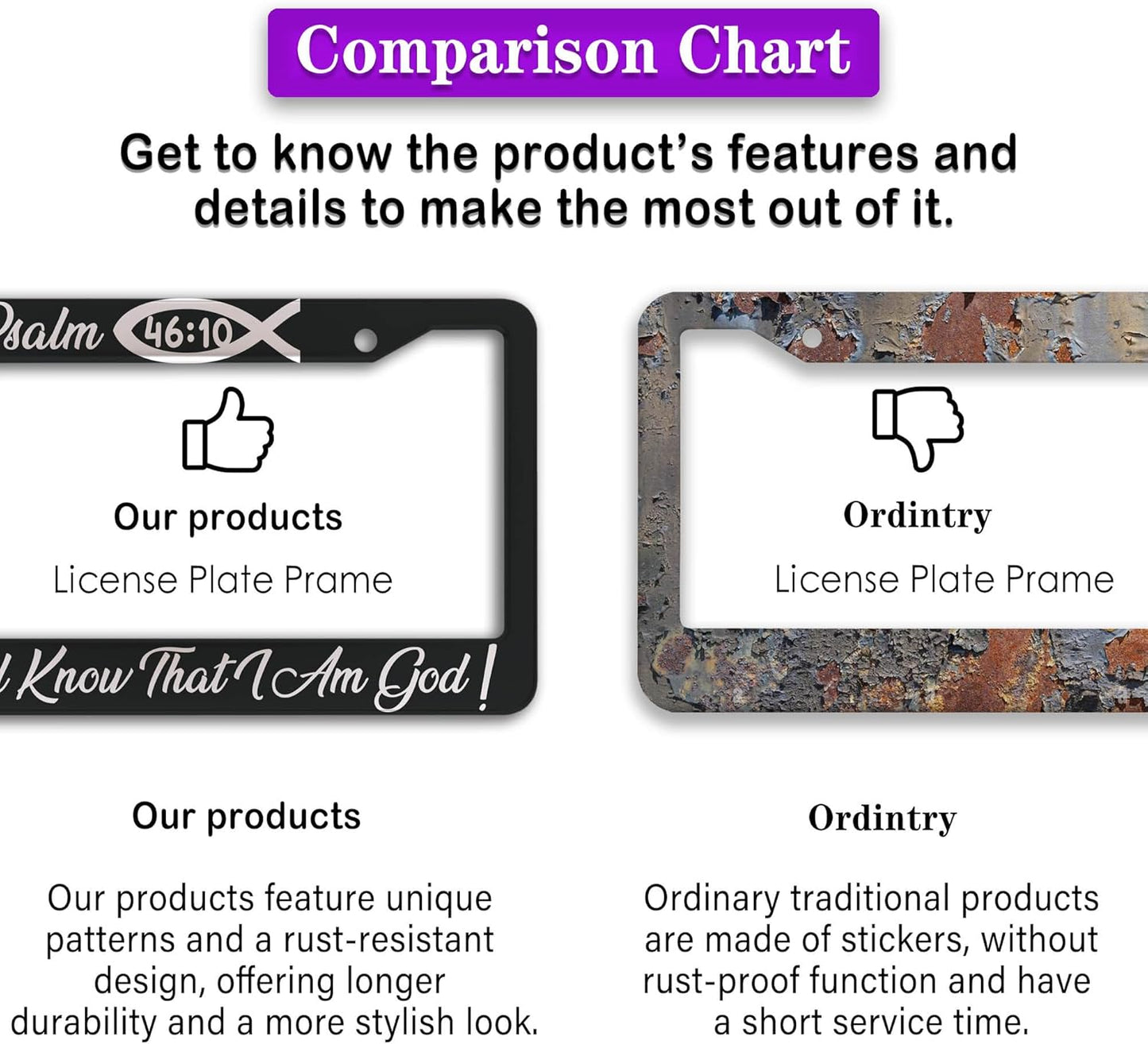 License Plate Frames Black and White License Plate Frame Psalm 46:10 Be Still and Know That I Am God Aluminum Metal Car Accessory 2 Pack with Screw Covers Set