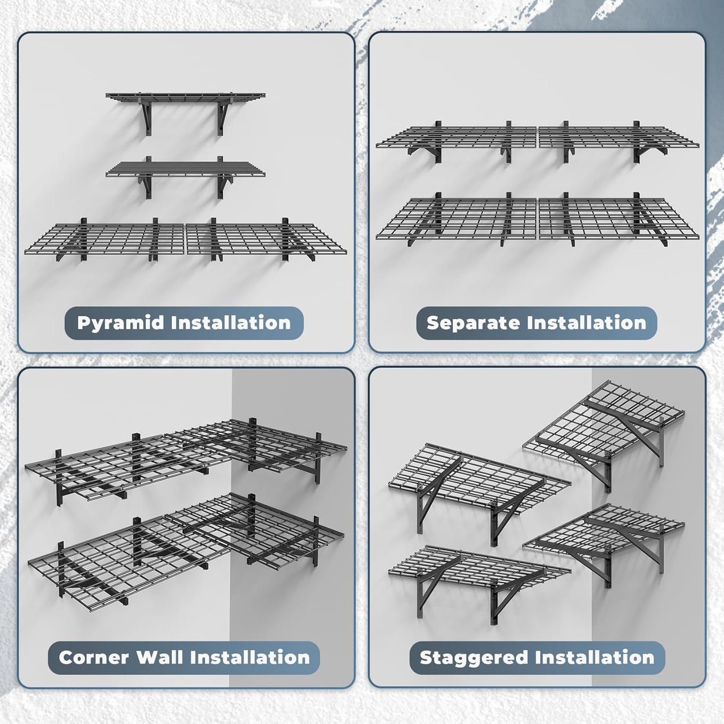 4 Pack Heavy Duty Garage Wall Shelving Set (2x3ft), Wall Mounted Garage Shelves 1000lbs Capacity, 24"x72" Shelf Storage Rack Floating Shelves, Black