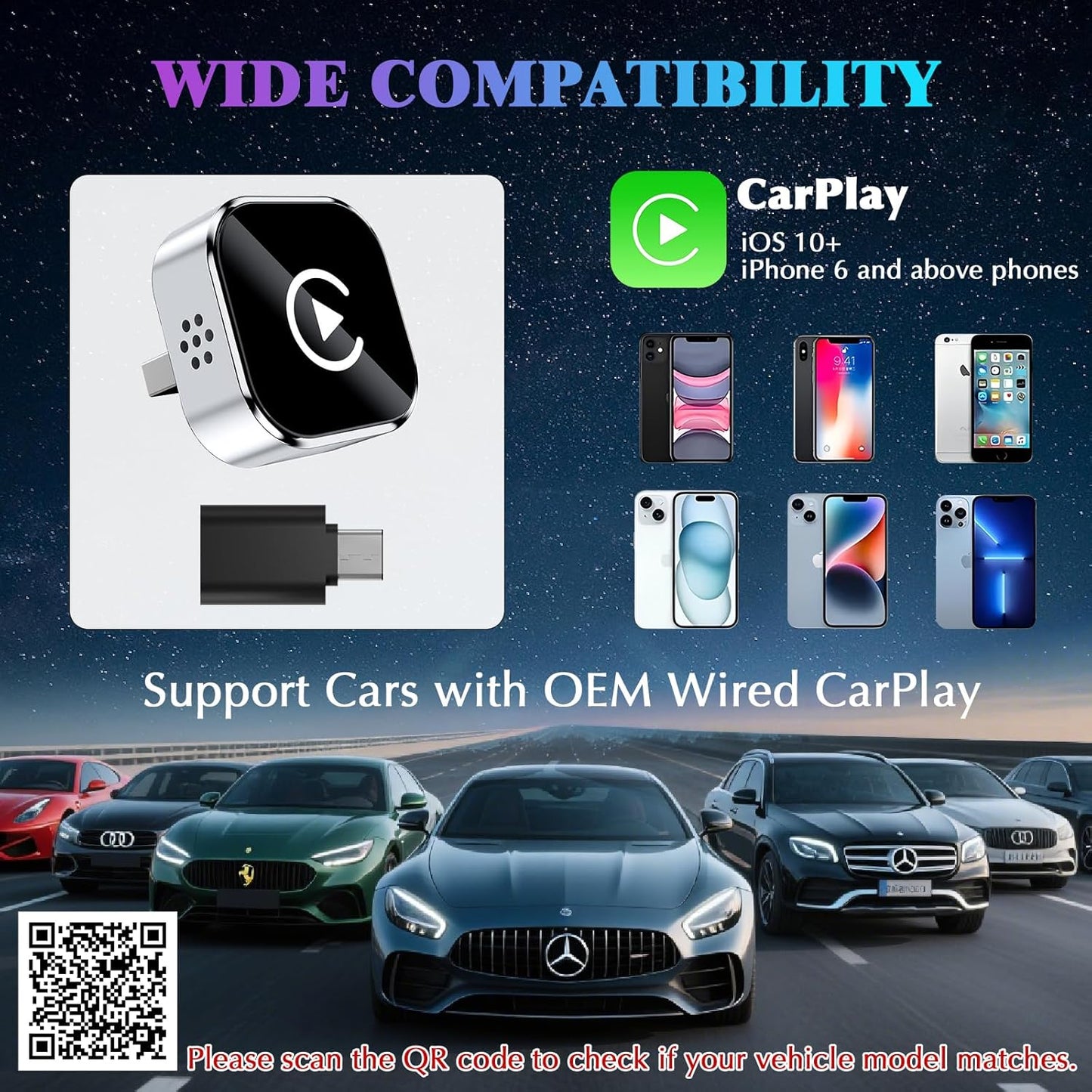Wireless CarPlay Adapter for iPhone, 2025 Upgrade Convert Wired to Wireless Car Play Dongle, Mini Size USB Design for Apple CarPlay Adapter, USB-A/Type-C, No Delay, Plug and Play & Stable Control