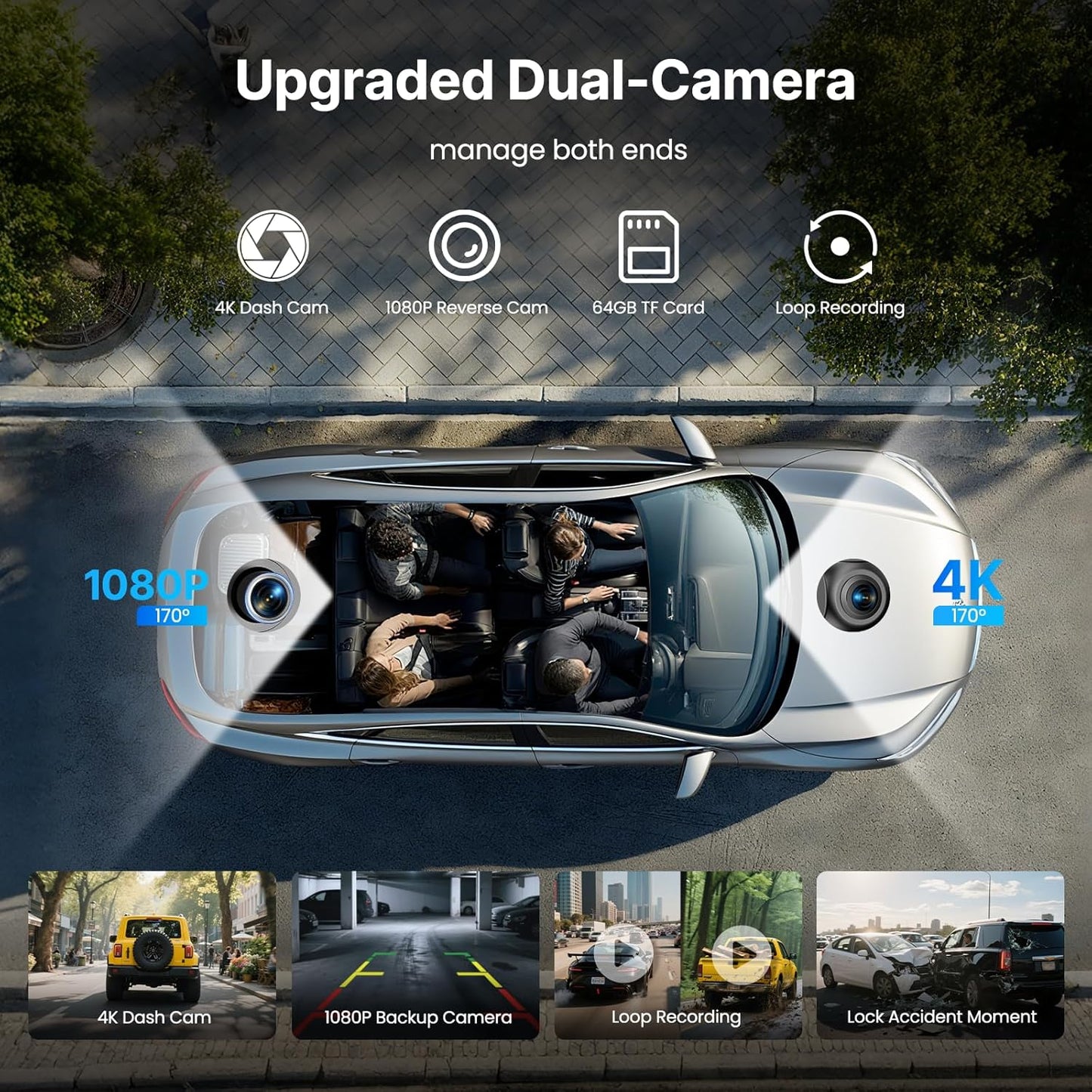 9''HD Wireless Carplay Screen For Car 4K Dash Cam&1080P Backup Camera With Apple Carplay&Android Auto Voice Control GPS DVR Call Music Message Mirror Link Airplay/Android Cast Fit Pickup Truck SUV MPV