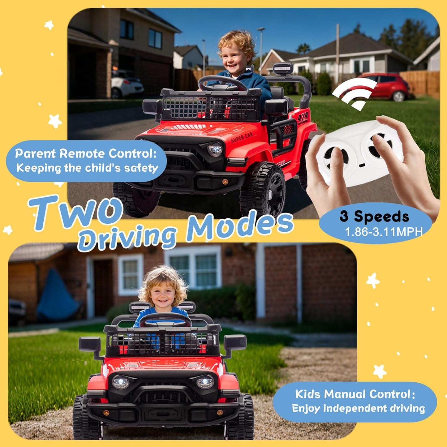 24V Ride on Toys with Parents Control, Ride on TruckCar with Four-Wheel Suspension, Electric Vehicles for Kids, PowerDisplay, Bluetooth, MP3, Music, LED Headlight, 1.86-3.11MPH (Red)