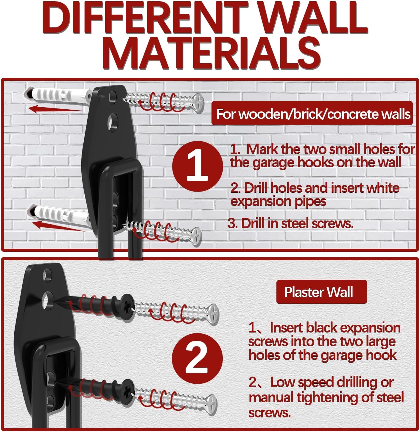 3-H Garage Wall Hooks 31 Pack, Garage Hooks Heavy Duty with Extra Welding Spots, Garage Organizer for Garden, Lawn, Yard Tools, Chairs, Ladders, Weed Eater, Shovel, Blower (Red)