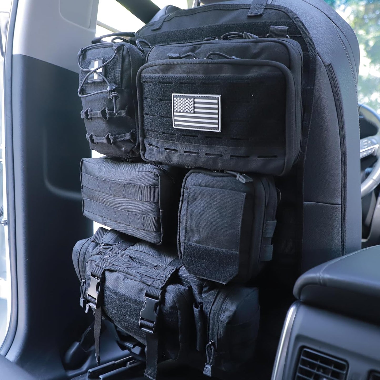 Universal Tactical Seat Back Organizer Vehicle Molle Panel Organizer Storage Bag with 5 Detachable Molle Pouch for All Vehicel Such as Jeep,Truck,SUV, Car, Ford,Chevy etc