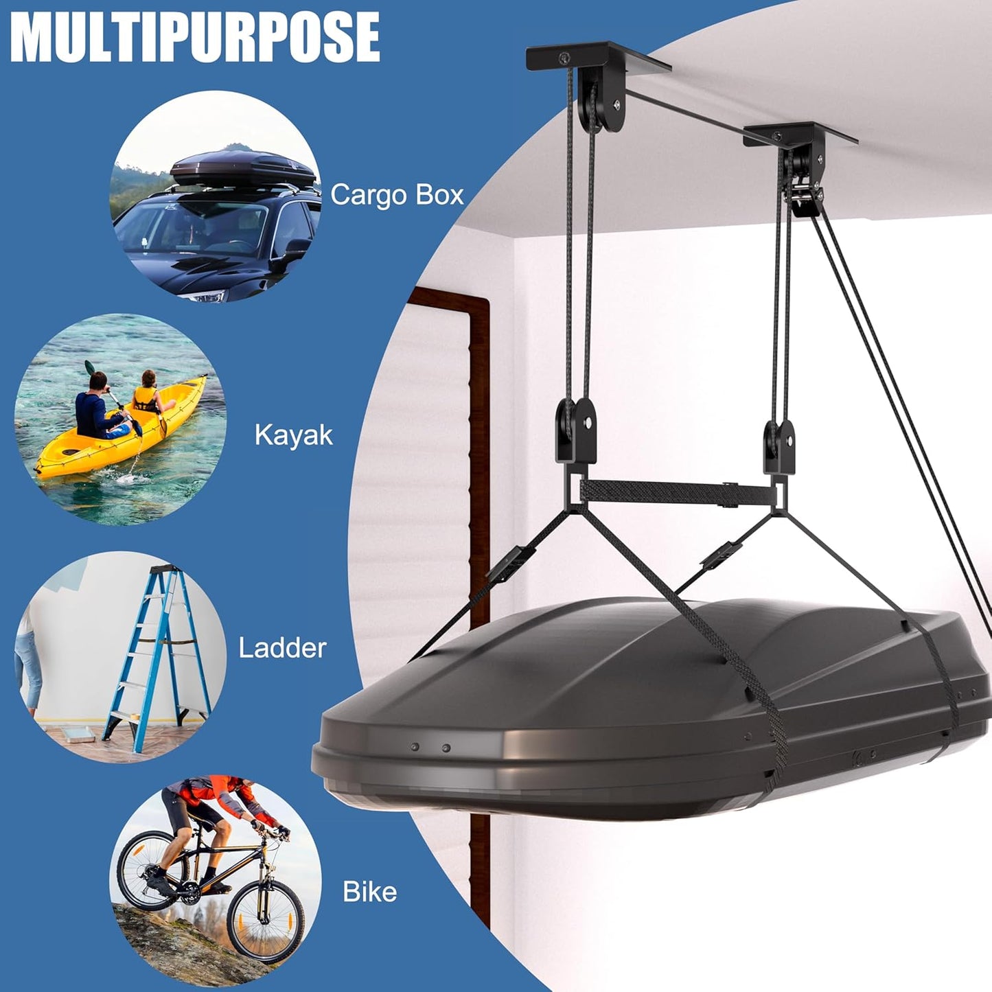 Cargo Box Pulley System for Garage Storage, Heavy-Duty Kayak/Canoes/Bikes/Ladders Ceiling Hoist, Hold Up to 150 lbs Capacity, Fit 10-18 Foot Ceilings, Black