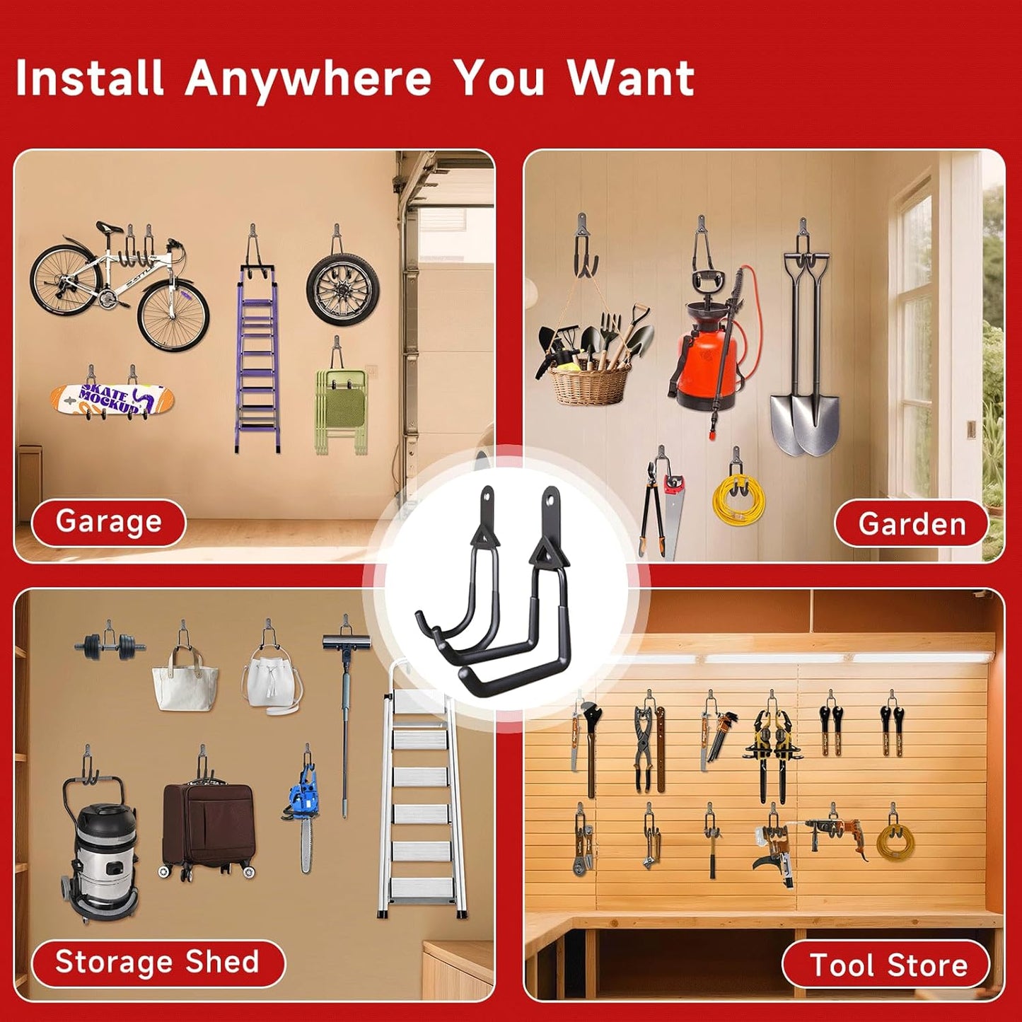 12 Pack Garage Hooks,Detachable Garage Storage Hooks Steel Heavy Duty Utility Garage Wall Mount Hooks with Anti-Slip Coating for Hanging Bike,Ladder and Garden Tools.