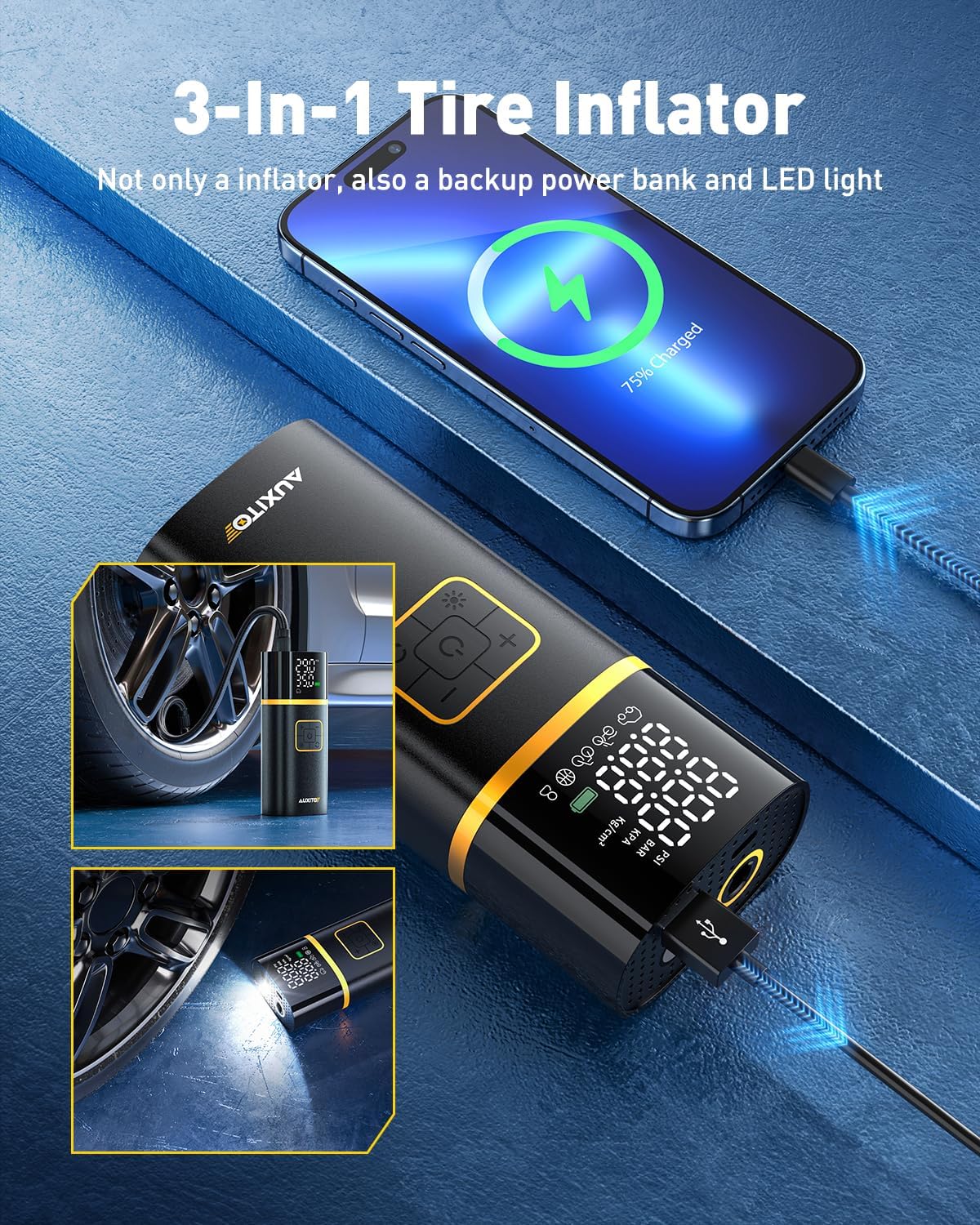 AUXITO Tire Inflator Portable Air Compressor - Air Pump for Car Tires with Digital Pressure Gauge, Cordless Rechargeable Battery, Emergency LED Light for Car Motorcycle Bike Ball, 150PSI, Auto Stop