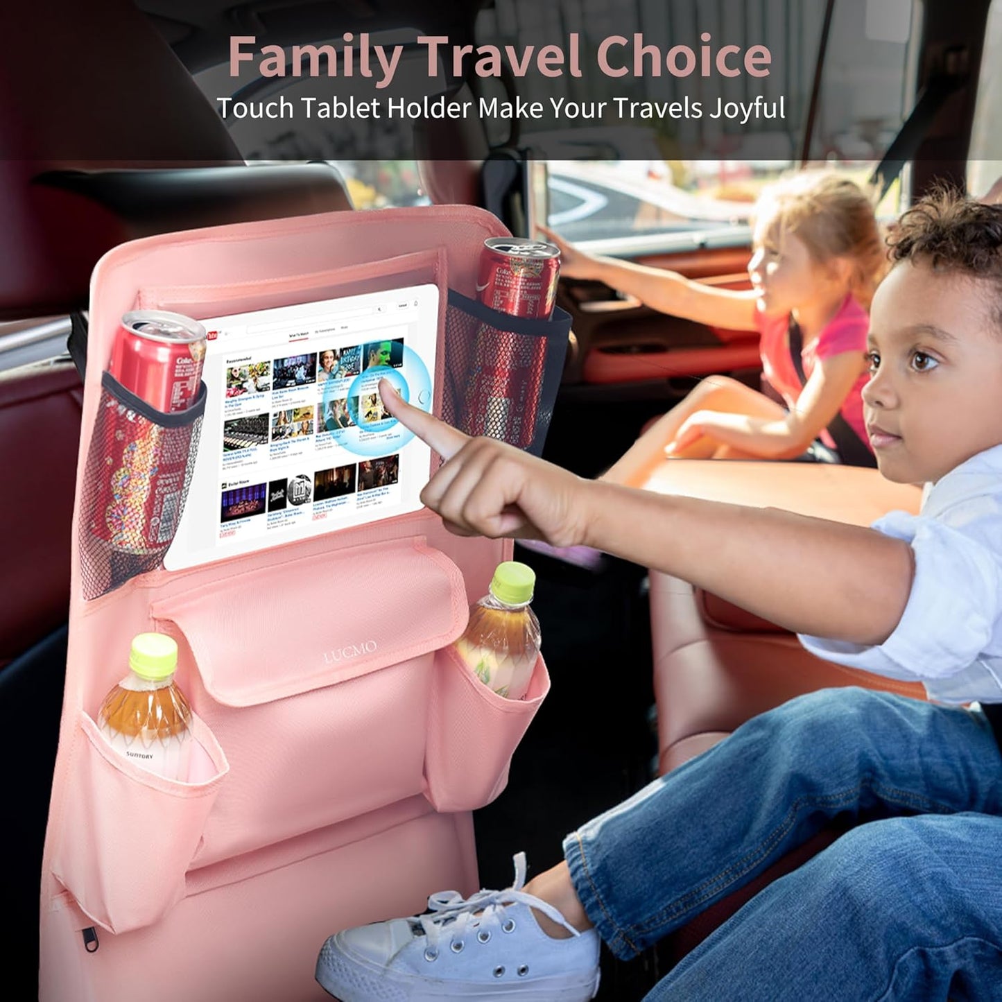 LUCMO Car Backseat Organizer with Touch Screen Tablet Holder,9 Storage Pockets Car Storage Organizer,Protectors Kick Mats Travel Accessories for Kids-Pink