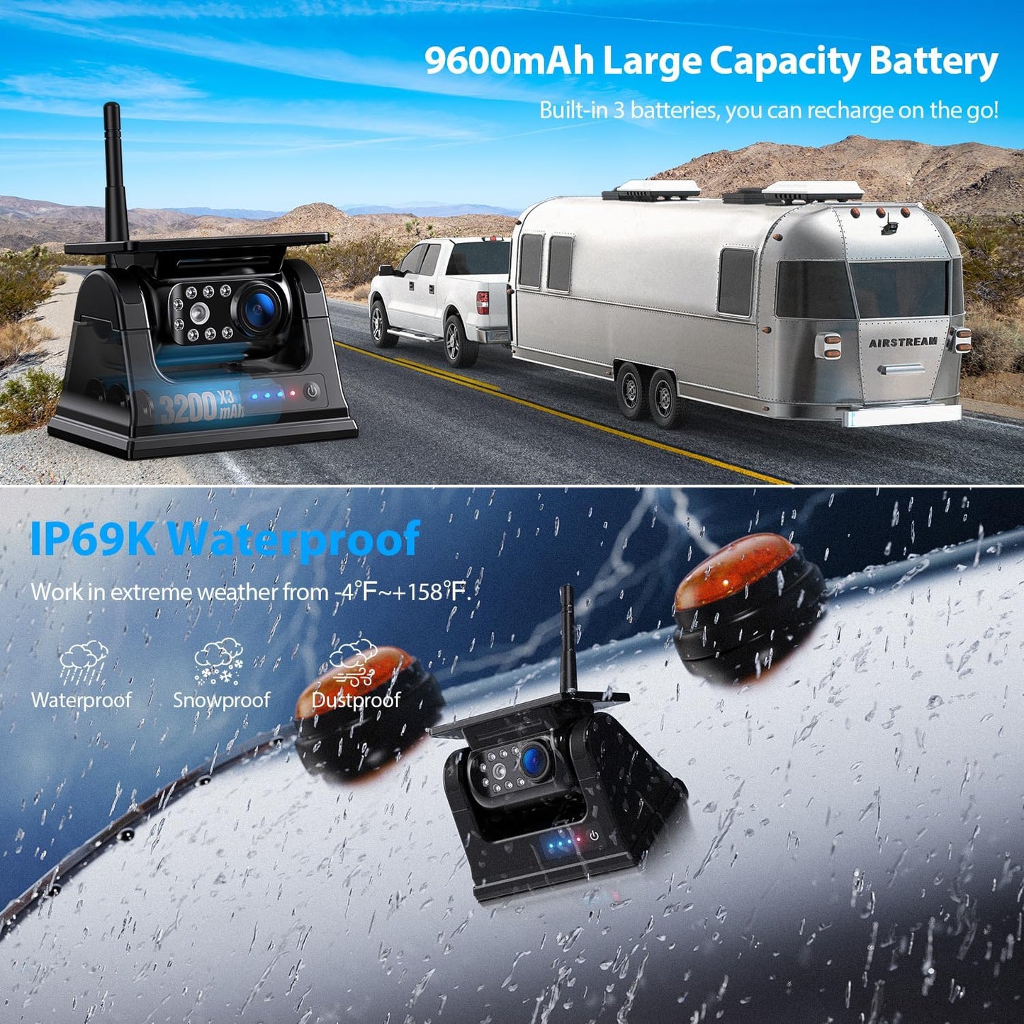3 Magnetic Solar Wireless Backup Camera System, Quad RV Rearview Backup Cameras Wireless System with HD1080P 9 Inch DVR Monitor for Trailer RV Trucks, Built-in 9600mAh Solar Battery, BL903