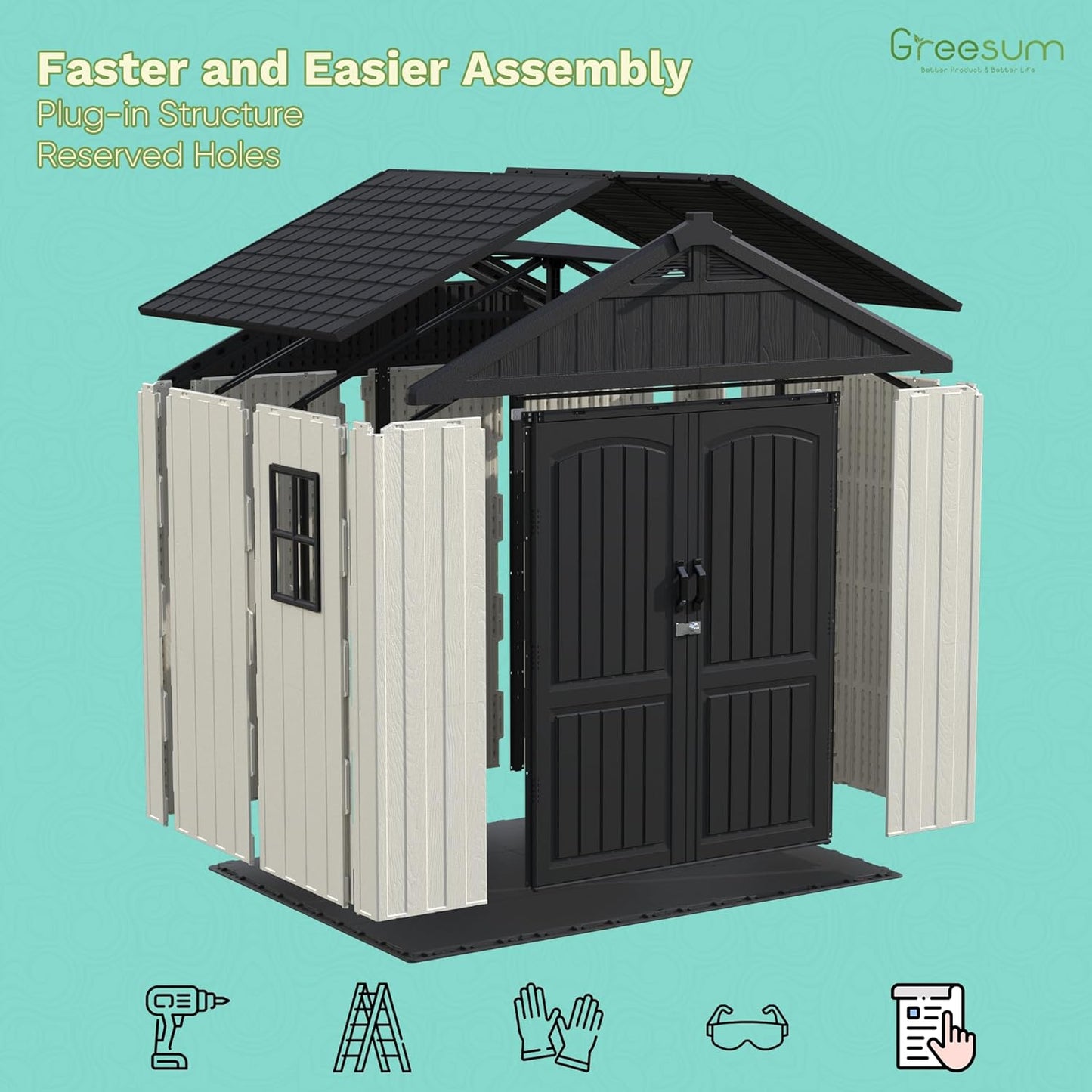 Greesum 8×6 FT Plastic Outdoor Storage Shed with Floor, Resin Sheds with Window and Lockable Door, Weather Resistant Organization for Garden, Lawn, Pool Supplies, Beige