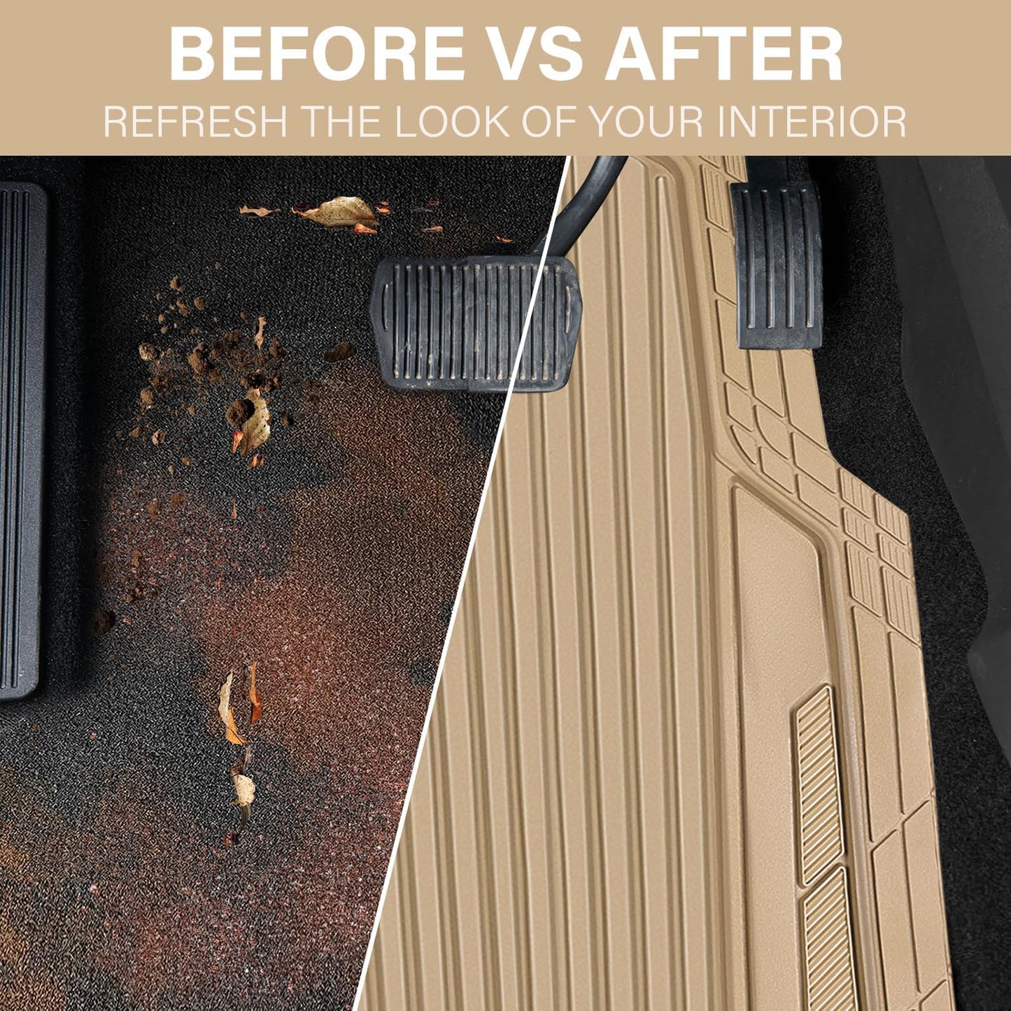 CAR PASS Heavy Duty Sporty Rubber Car Mats, Deep Dish All Weather Car Floor Mats Full Set, Waterproof Anti-Slip Automotive Matts Rugs Trim to Fit for Most Sedans SUVs, 4-Piece All Beige