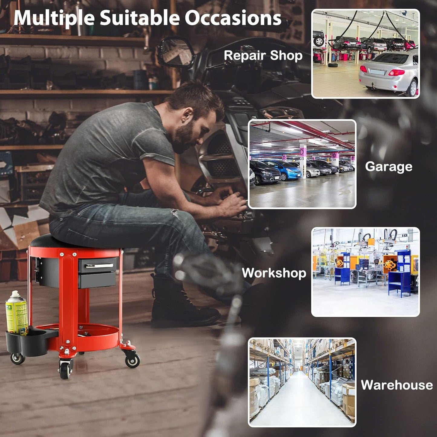 S AFSTAR Garage Shop Roller Seats, Adjustable Pneumatic Rolling Creeper Stool W/Removable Padded Seat, 2-Direction Drawers, Twin Can Holder, Round Mechanic Rolling Stool, 330 LBS Max Load