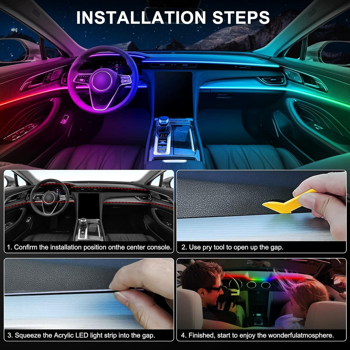 Acrylic Interior Car LED Strip Light with Wireless APP, RGB Dreamcolor 6 in 1 with 175 inches 593 LEDs Fiber Optic Ambient Lighting Kits, 16 Million Colors Sound Active Function Car Neon Lights