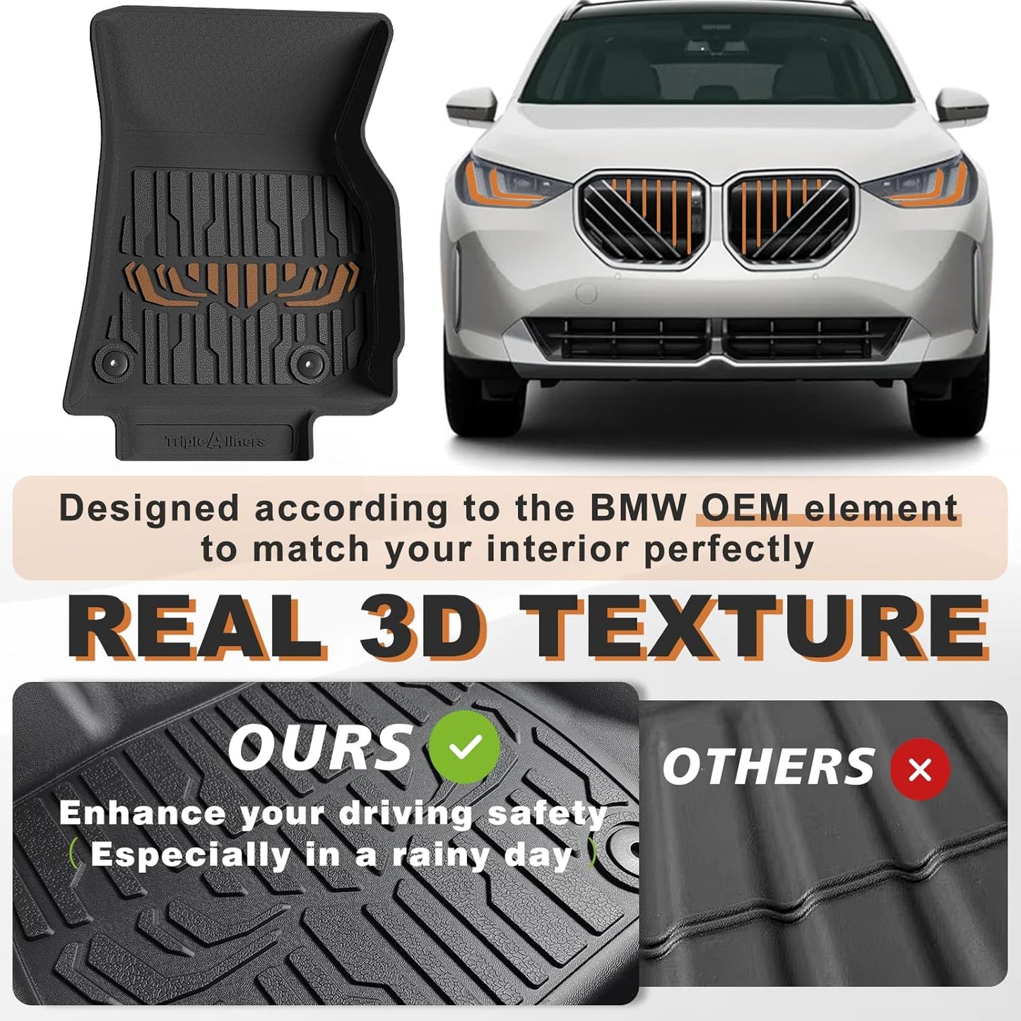 TripleAliners Floor Mats & Trunk Mat All Weather Liners Compatible with 2025 BMW X3 Accessories TPE Cargo Custom Fit Anti-Slip Odorless Full Set Liners Protection(Floor Mats & Trunk Mat)