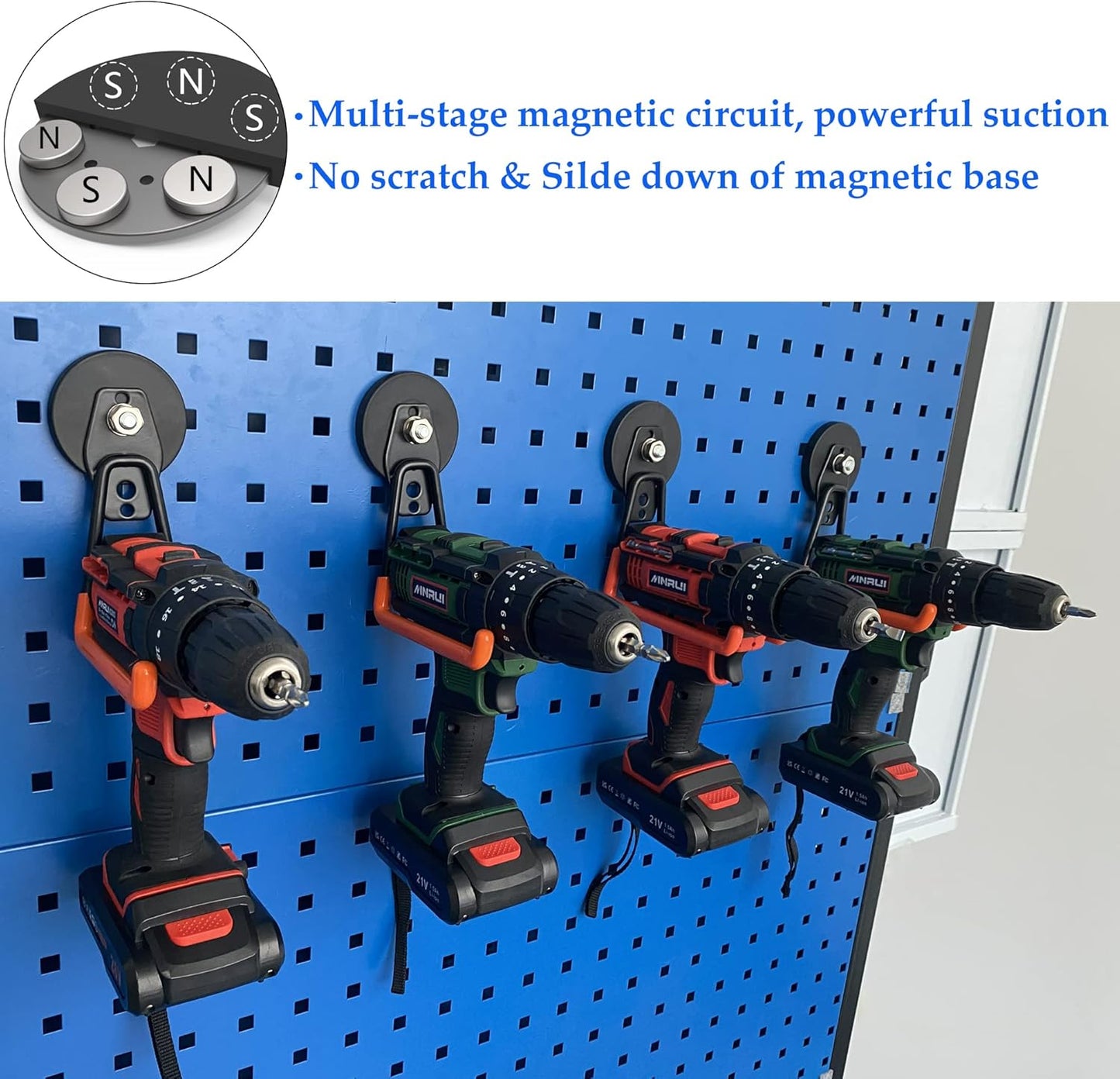 ULIBERMAGNET Magnetic Power Tool Organizer,Cordless Drill Garage Hook Heavy Duty,Large & Strong Manget with Hooks for Garage,Workshop Organization,2 Pack Hooks for Drill,Garden Tool(Orange)