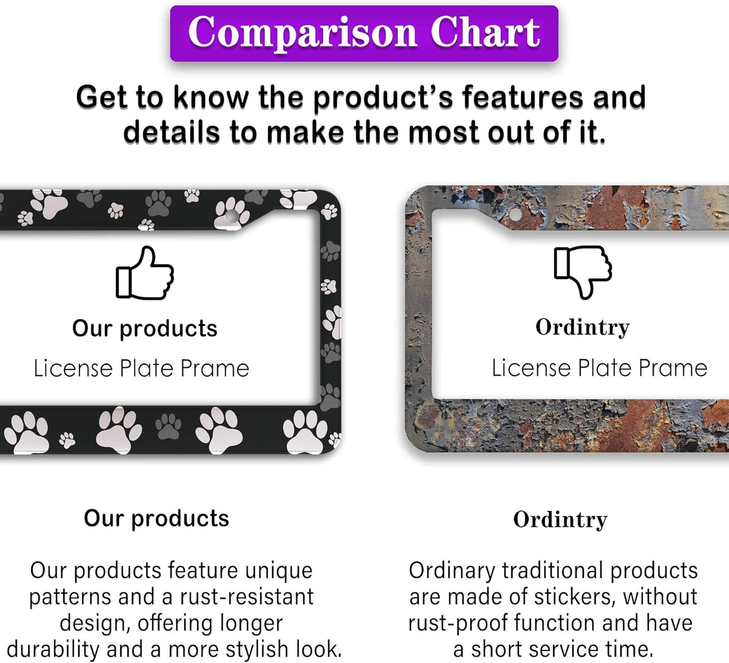 License Plate Covers Black and White License Plate Frames Paw Print Dog Cat Universal Aluminum Car Accessory 2 Pack with Screw Covers Set