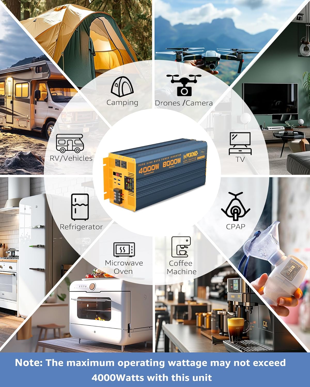 4000W Pure Sine Wave Power Inverter DC 48V to AC 110V 120V for Home RV with Dual AC Outlets 1 USB-C(60W) 3 USB-QC3.0 Fast Car Charger Adapter, LCD Display and Remote Control