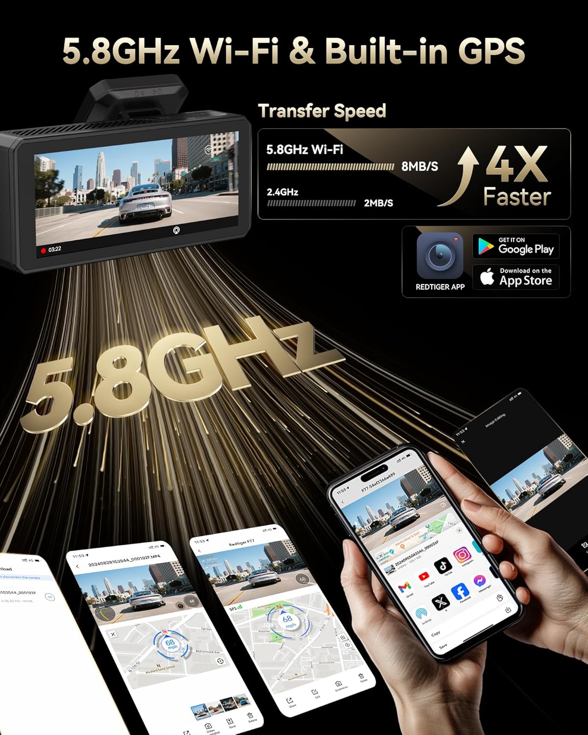 REDTIGER F77 4K+4K Dash Cam Front and Rear, Dual STARVIS 2 IMX678 HDR, Built-in 128GB eMMC, Voice Control Dash Camera for Cars with 5.8GHz WiFi, 4'' Touch Screen, GPS, Night Vision, 24H Parking Mode