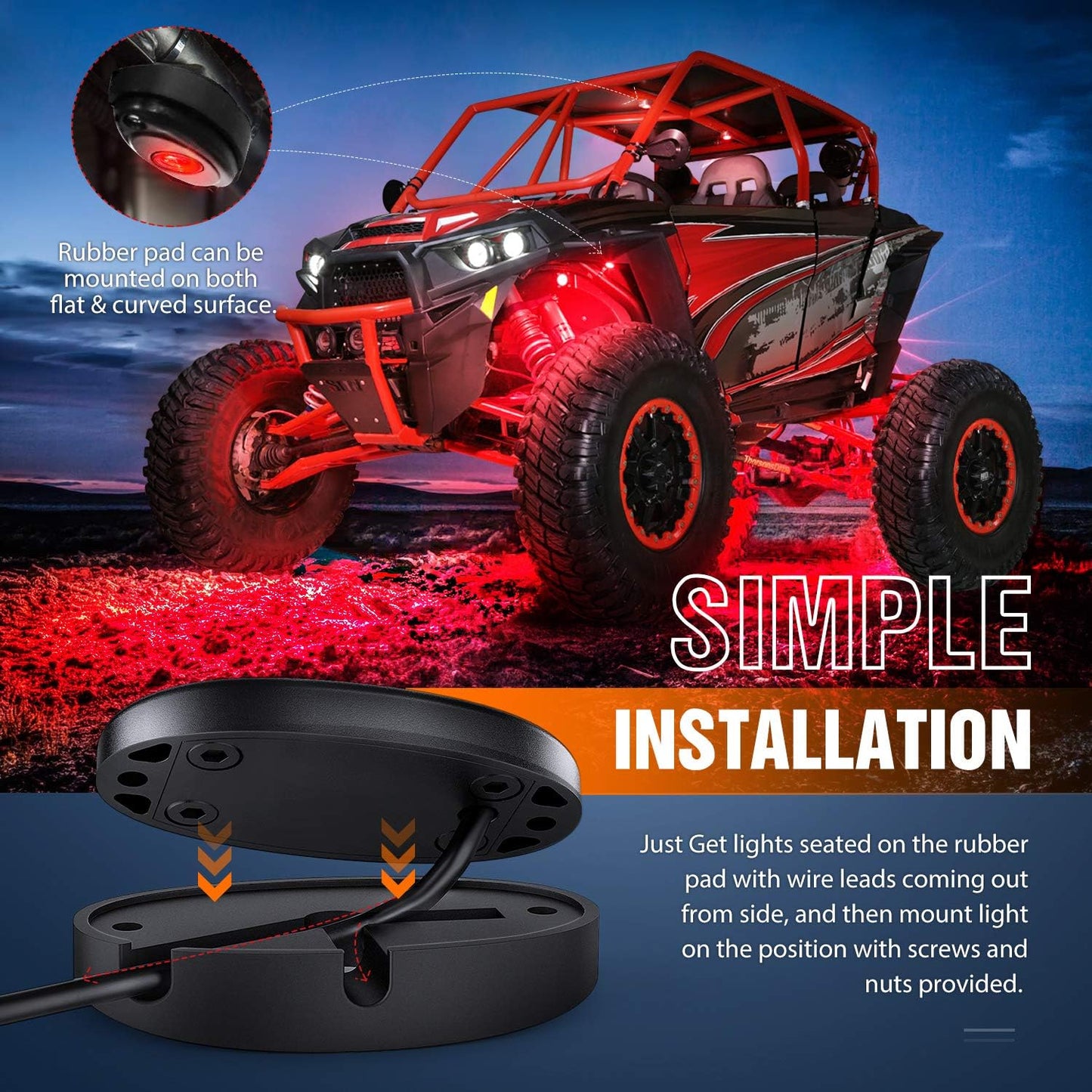 Nilight LED Rock Light 4PCS Underglow Wheel Well Pods Waterproof Exterior Underbody Roof Rack Side Lamps for Car Truck Pickups ATV UTV SUV Motorcycle Boat, Red Color