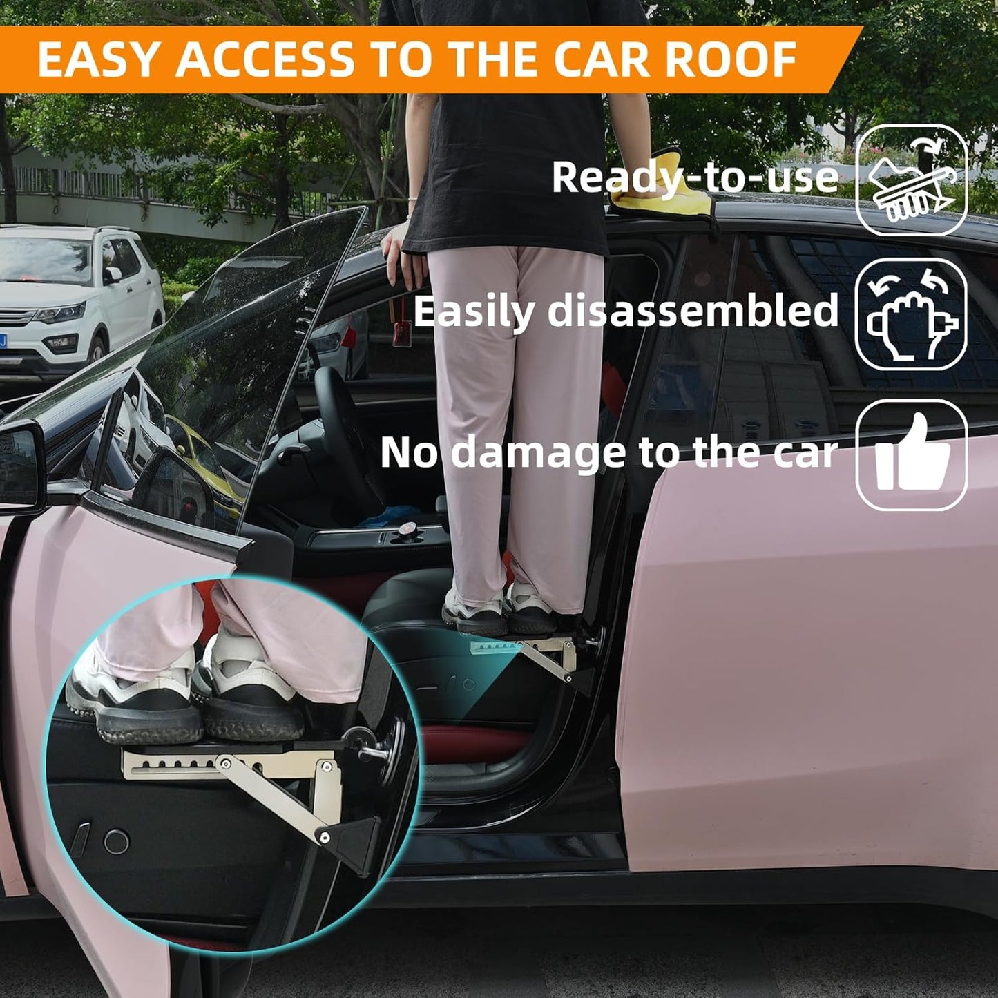 Car Door Step, Universal Fit Door Step for Car Roof Access, Adjustable Stand Pedal for Door Latch, Supports Both Feet, Roof Rack Accessories for Most Car, SUV, Vehicles