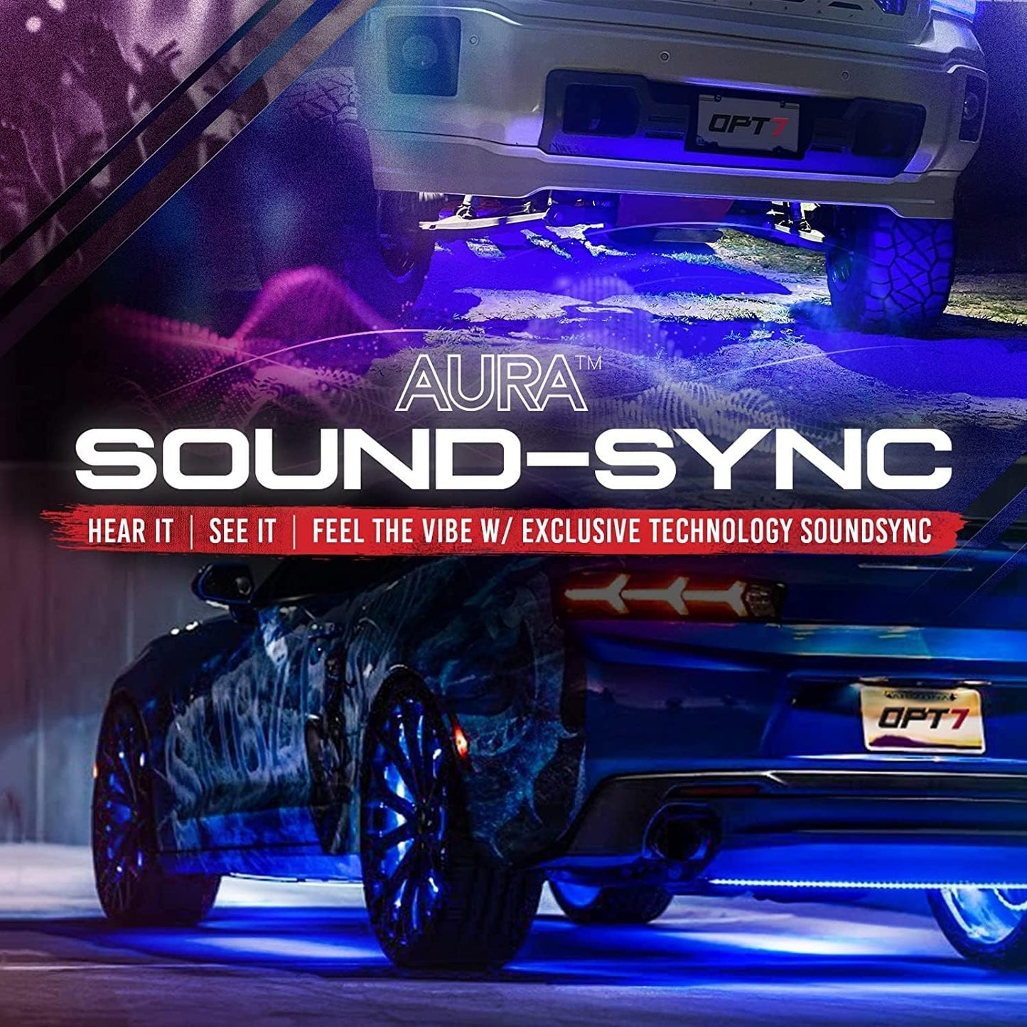 OPT7 Aura Aluminum LED Underglow Kit for Car with Remote Control, Exterior Neon Accent Under Glow Lights, Rigid Waterproof Strip Lights, Music Soundsync Mode, Multicolor RGB Light Bars