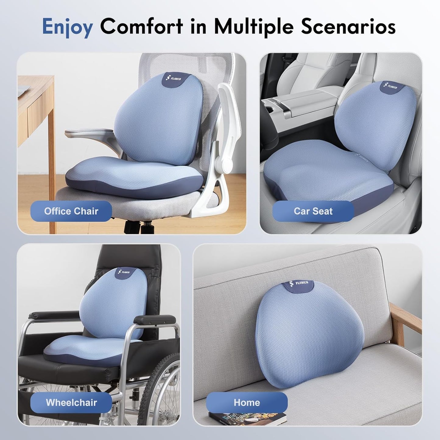 FLORICH Seat Cushion and Lumbar Support Pillow for Office Chair Car, Ergonomic Memory Foam Back Support for Office Gaming Chair Driving Seat Wheelchair, Relieves Neck, Back & Sciatica Pain – Blue