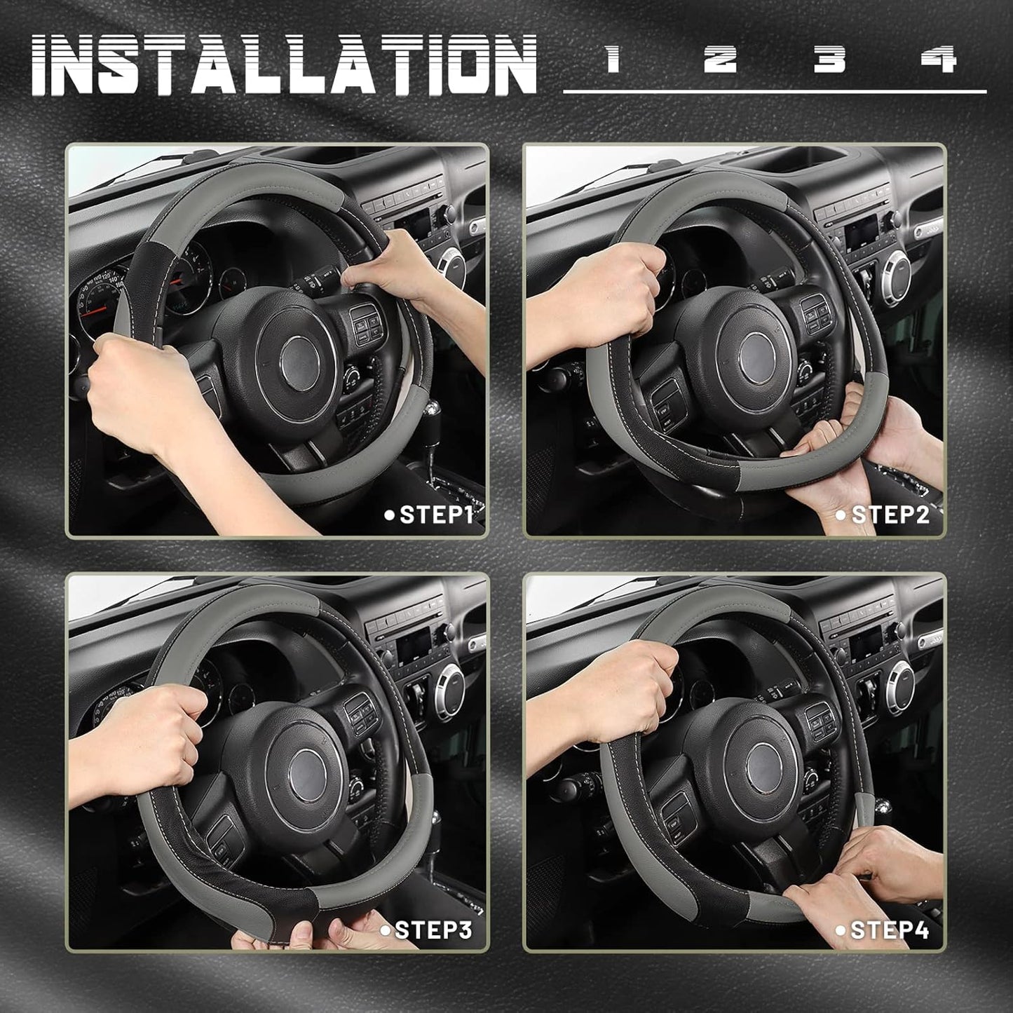 SEG Direct Car Steering Wheel Cover for F-150 Tundra Range Rover 15.5-16 inch, Black and Gray Microfiber Leather