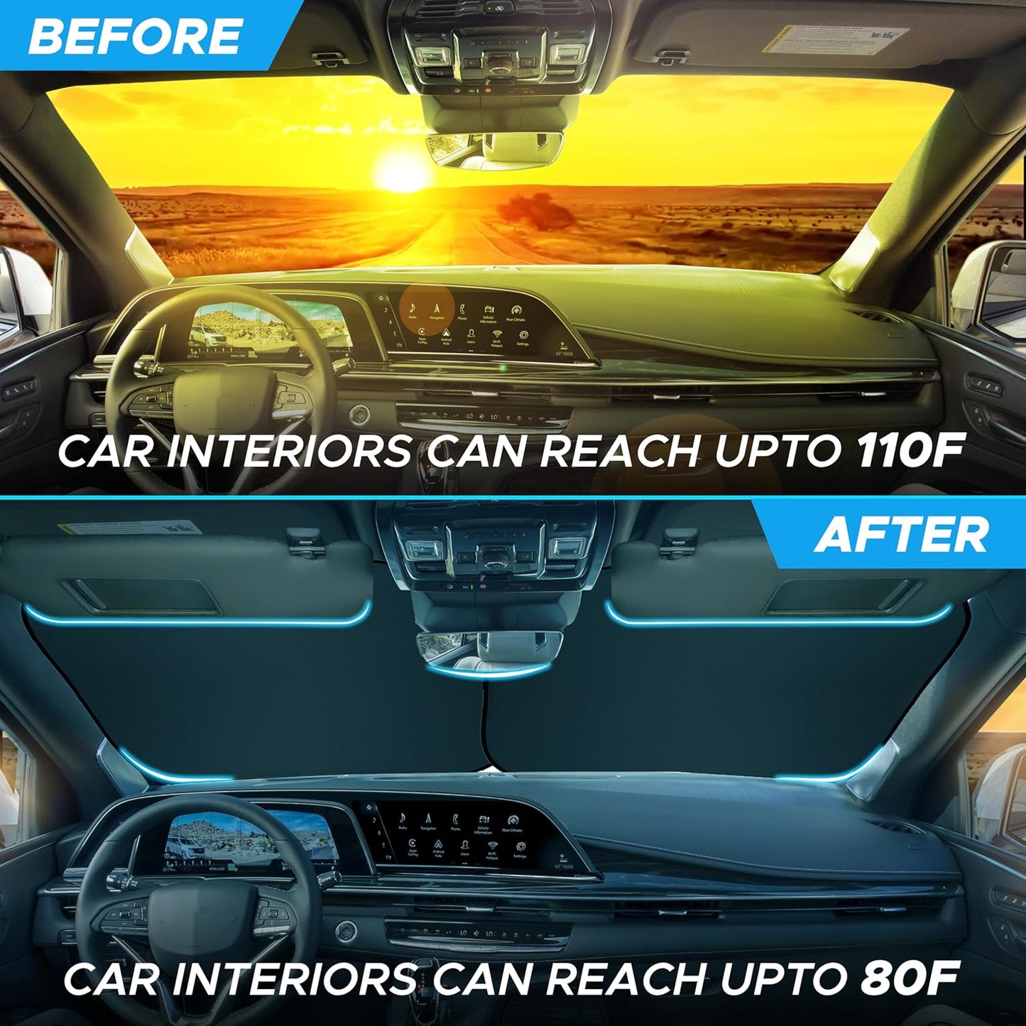 2 Piece Car Windshield Sun Shade Foldable | Durable Polyester Windshield Sunshade Blocks Sun, Heat, and UV Rays | Sunshade for Car Ensuring Interior Protection | Small (29"x23.5")