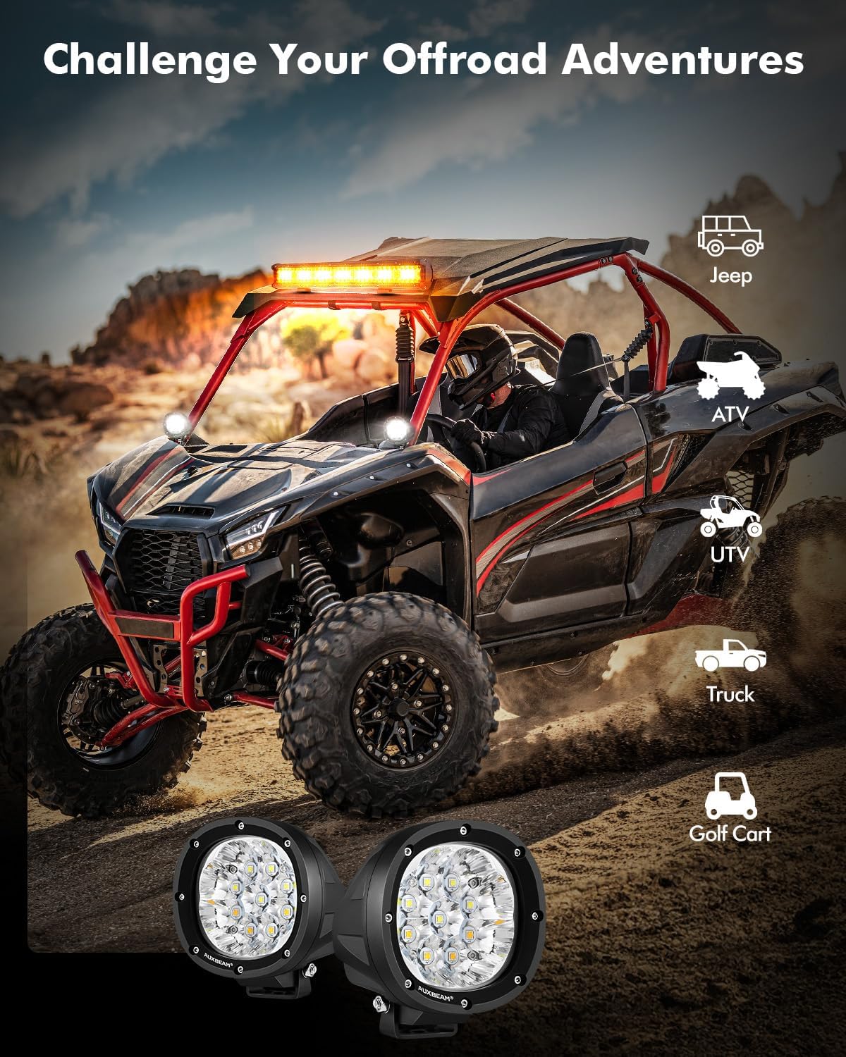 Auxbeam 6 Modes Amber White Round LED Pods, P4 Series 4 Inch 90W Flashing Offroad Strobe Lights, Dual Color Warning Off Road Fog Lights, 4x4 ATV Car Truck Spotlights, Pair