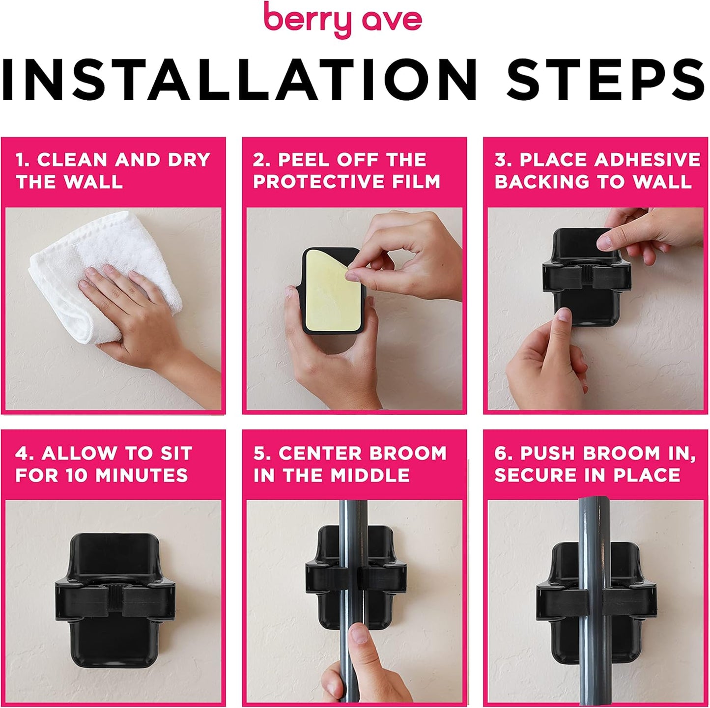 Combo 5 Slot Broom Holder w/ 1 Self Adhesive Mop Gripper No-Drilling, Wall Mount Tool Organizers For Kitchen, Garage, Laundry Room- Anti-Slip Hanger For Brooms, Mops, Rakes, Dustpans (Black / Black)