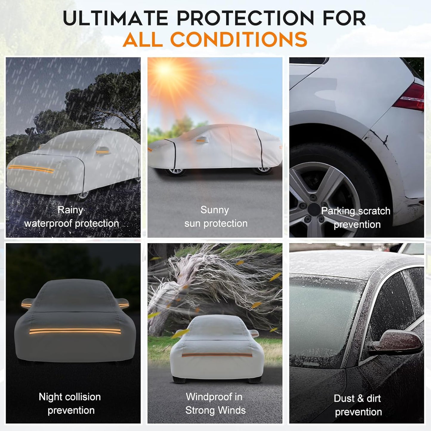 Car Cover Waterproof All Weather,6 Layers with Cotton Lining for Full Protection Against Rain, Snow, UV, and Dust,Easy to Install and Remove,Fit Sedans up to 213 inches,with Zipper Door,Silver