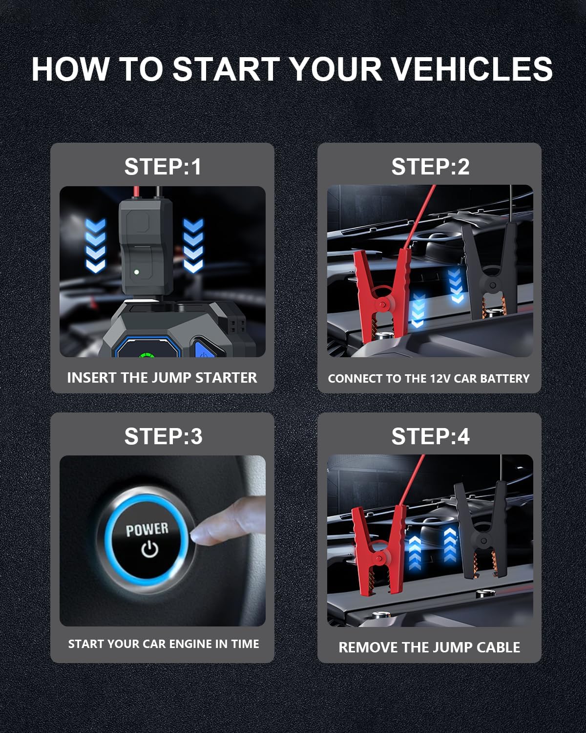 2500A Portable Jump Starter, Car Battery Jump Starter with Air Compressor, USB-C Power Bank Charger, Jumper Cables for up to 7.5-Liter Gas and 5.0-Liter Diesel Engines