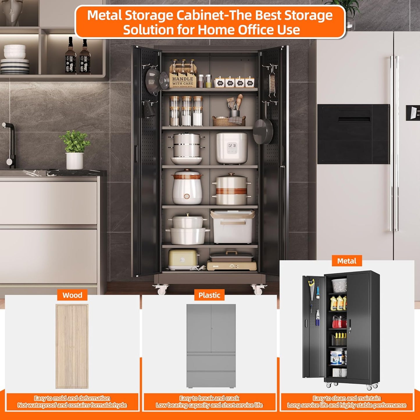 Garage Storage Cabinet with Wheels Pegboard and 5 Adjustable Shelves, 71'' x 32'' x 16''Metal Lockable Cabinet with Magnetic Doors,Tool Storage,Home Office Garage,Gym,School (Black)