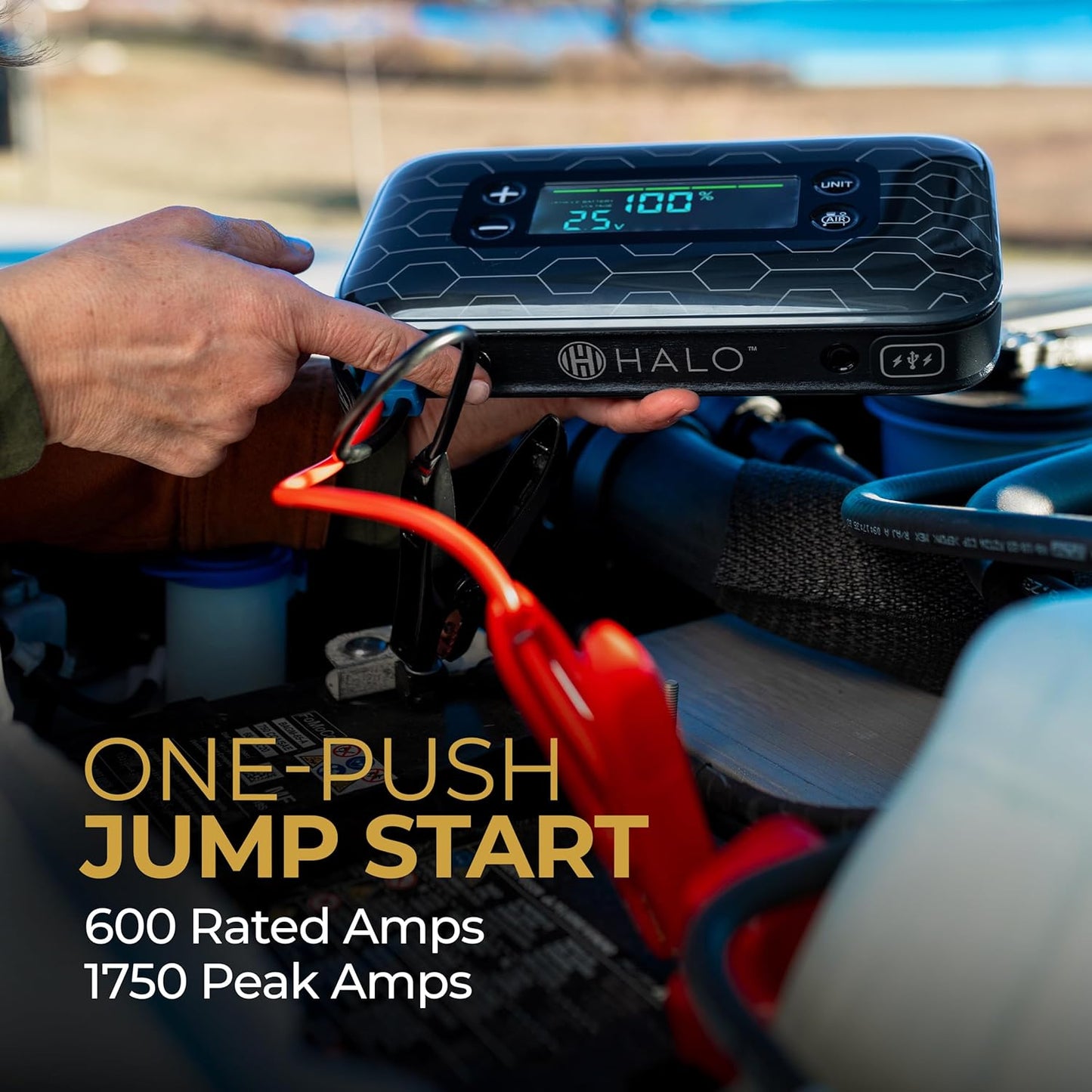 HALO Bolt Air+ 1750 Portable Car Battery Jump Starter | 130 PSI Air Compressor, 59.9Wh USB Power Bank, Large Display, Emergency Floodlight & Charger, Jumps Cars SUVs & Trucks, Inflates Tires — Black