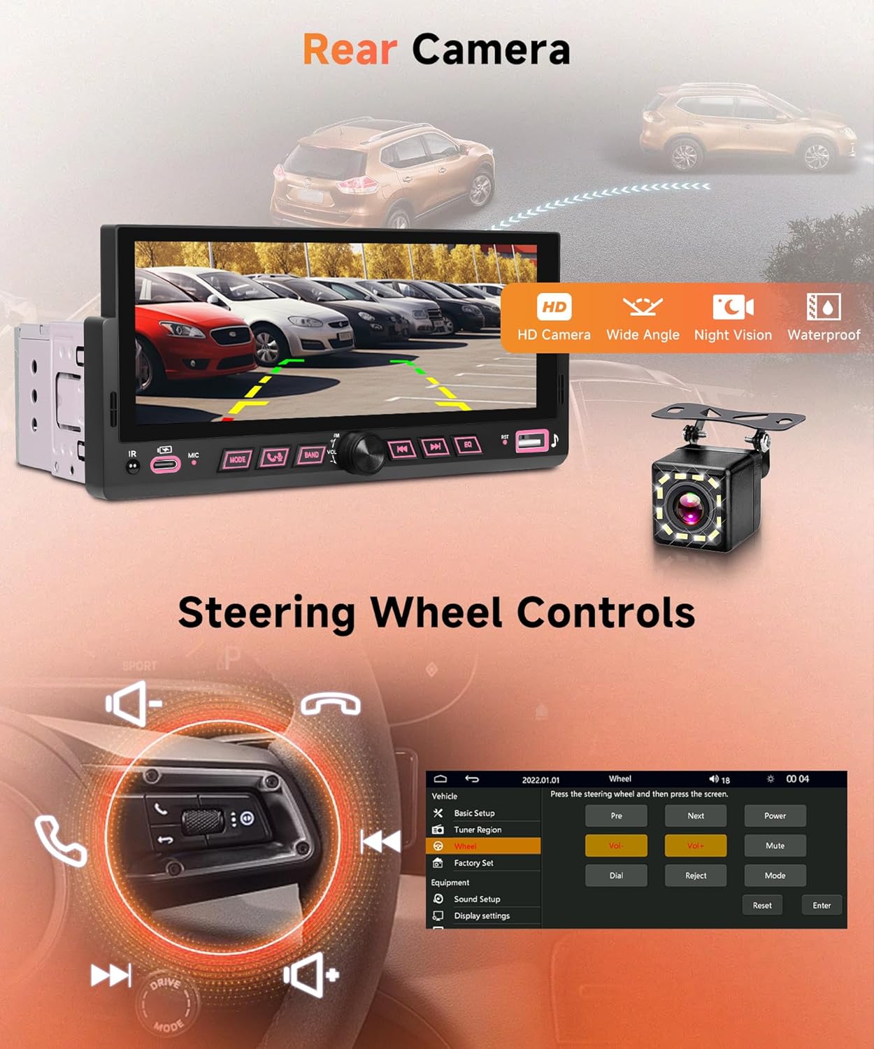 Car Stereo Single Din Wireless Carplay 6.86 inch Touch Screen Android Auto, Rimoody Car Radio with Bluetooth 5.2 Mirror Link FM/EQ USB/AUX/TF/SWC/MIC Car Audio Receiver with Backup Camera