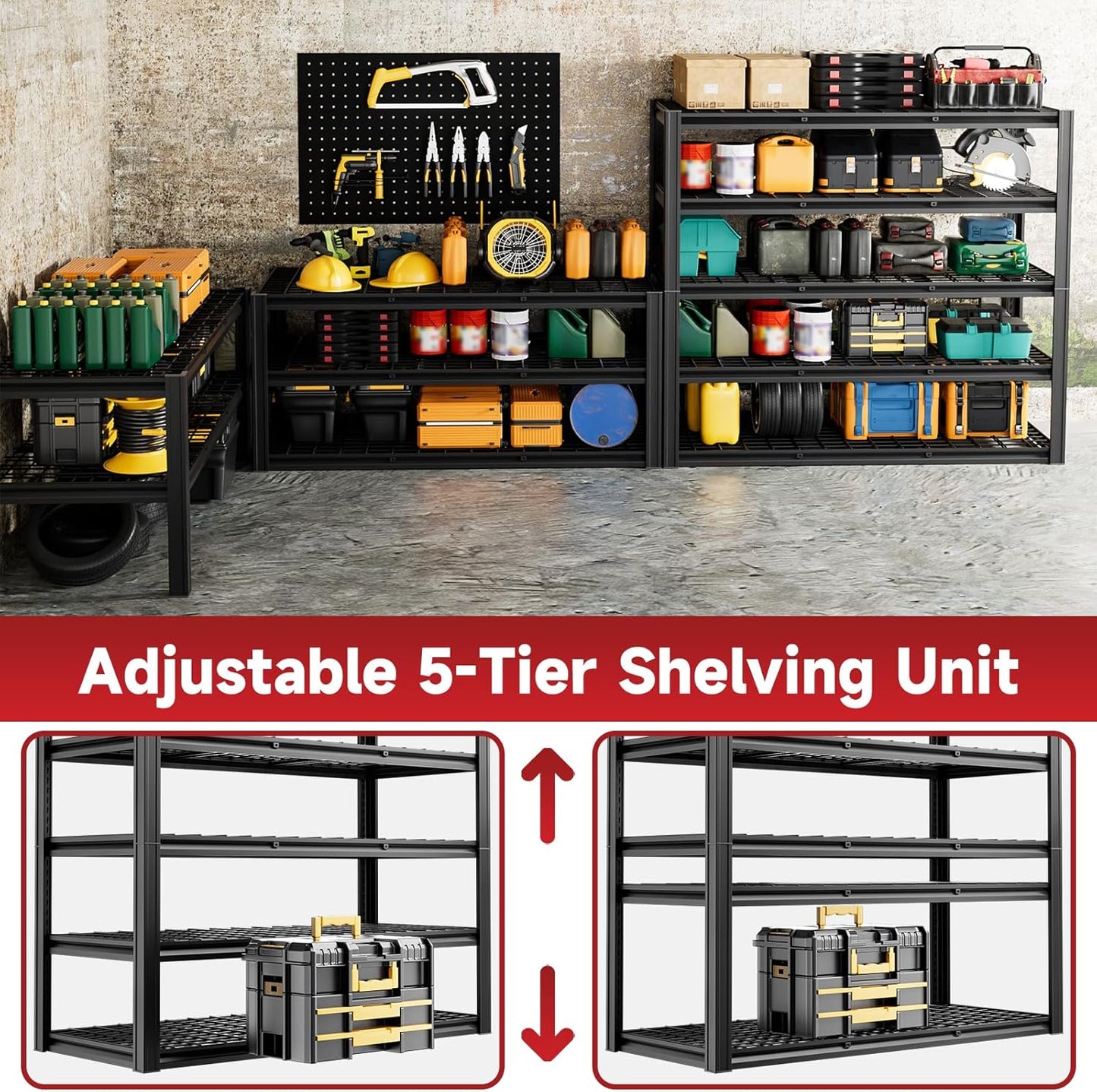 5-Tier 60”W x 24”D x 78”H Garage Shelving Adjustable Metal Storage Shelves 3000LBS Garage Shelving Heavy Duty Utility Shelf Unit Storage Racks for Warehouse(Black)
