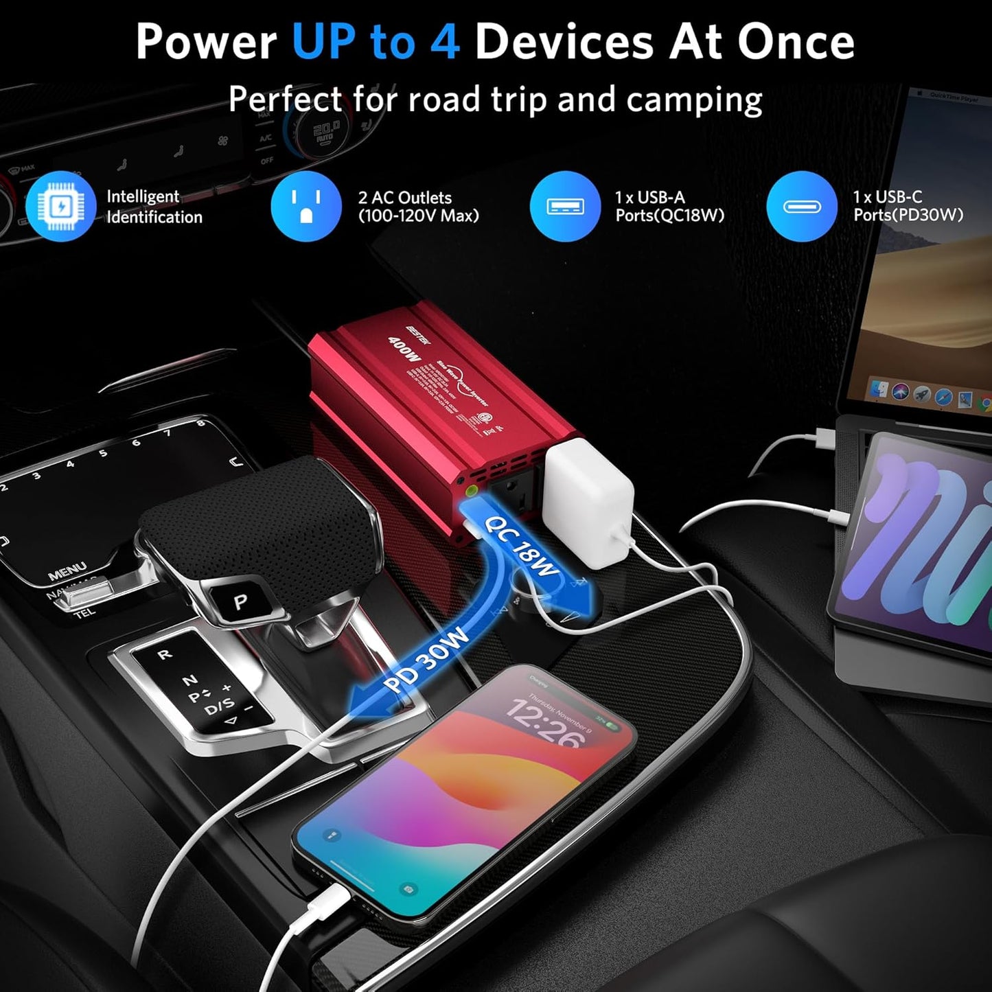 BESTEK 400W Car Power Inverter DC 12V to AC 110V Car Plug T-Type Sine Wave Inverter Adapter Power Converter with PD30W & QC18W Dual USB Charging Ports