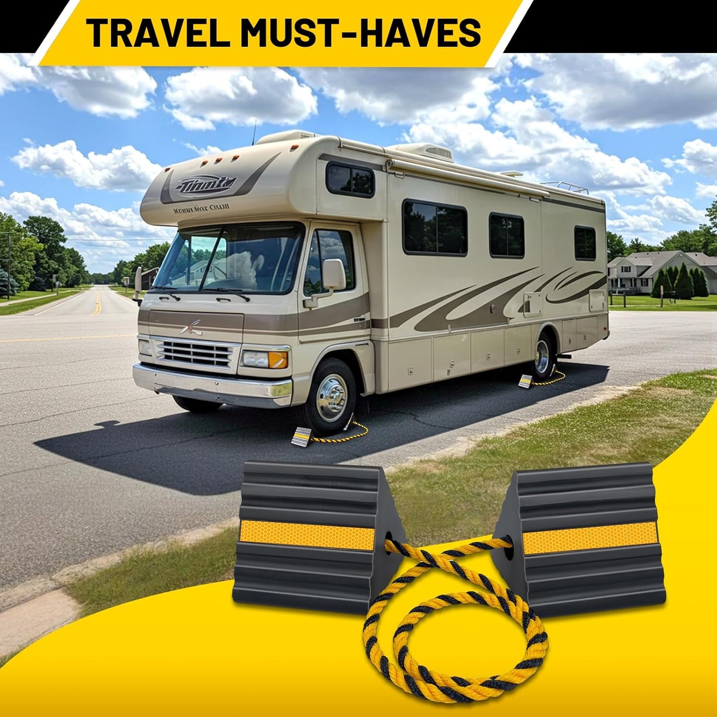 ROBLOCK Rubber Wheel Chocks for RV Trailer Camper Truck Car Aircraft Boat, Versatile Rubber Chocks Block Stopper for Tire with Reflective Strips, Utility RV Accessories, 2pair/4pack