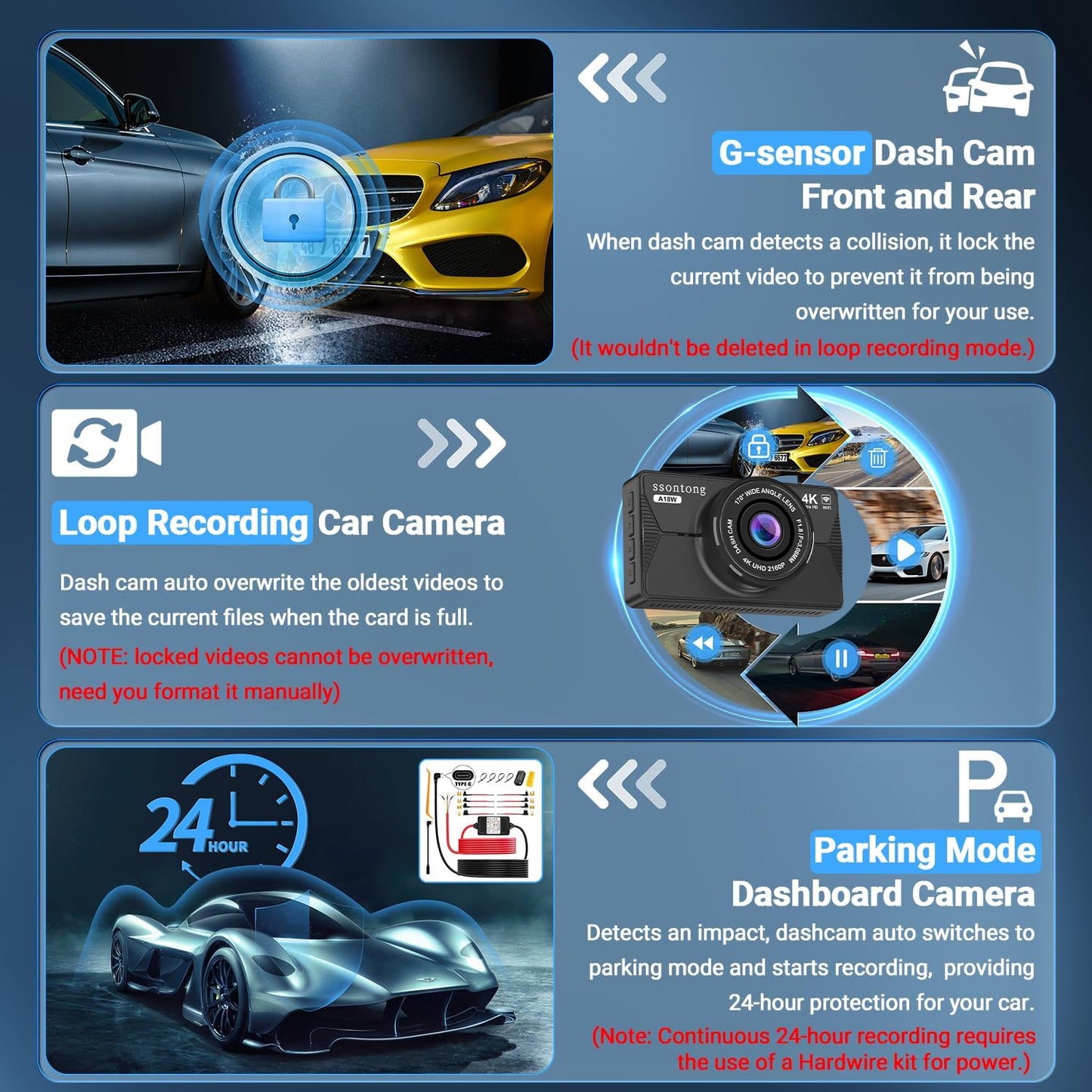 Dash Cam Front and Rear, Dash Cam 4K WiFi/APP Control Dashcam W/ 64GB Card Dash Camera for Cars DVR Car Security Cameras W/Loop Recording G-Sensor Time-Lapse Parking Mode Car Dashcam USB Powered